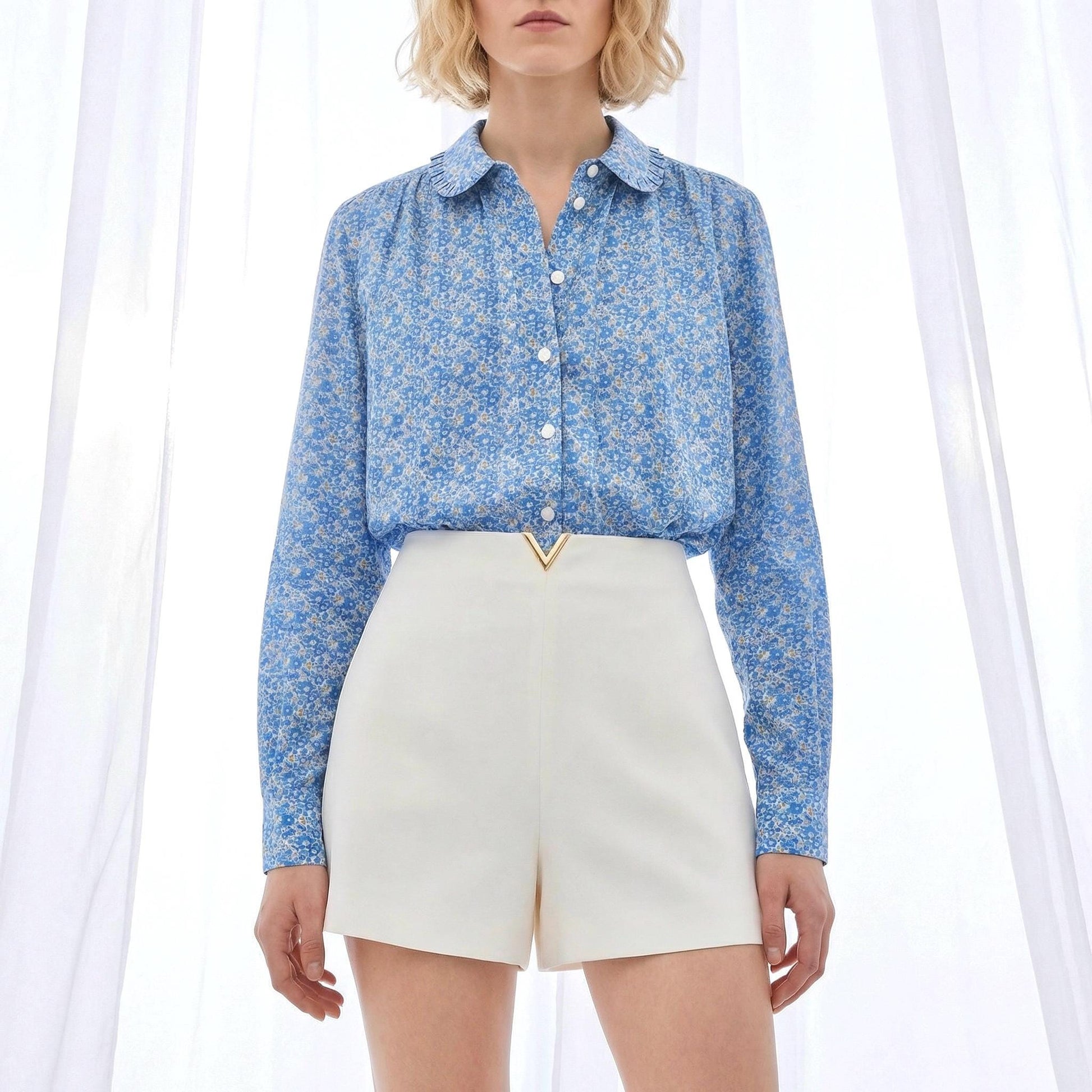 Liberty London Frilled Peter-Pan Collared Long-sleeved Chemise, Handmade Cotton Button-up Shirt, Sustainable Personalised Womenswear