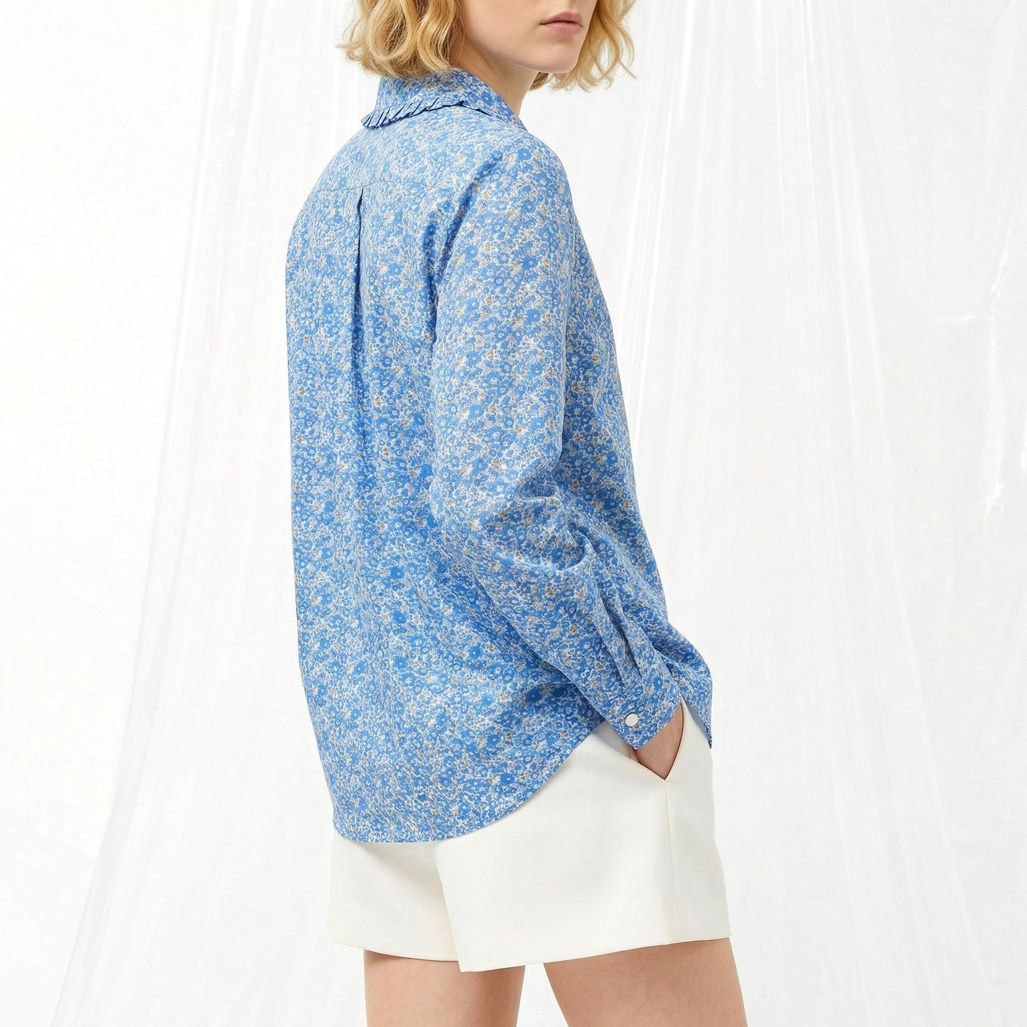 Liberty London Frilled Peter-Pan Collared Long-sleeved Chemise, Handmade Cotton Button-up Shirt, Sustainable Personalised Womenswear