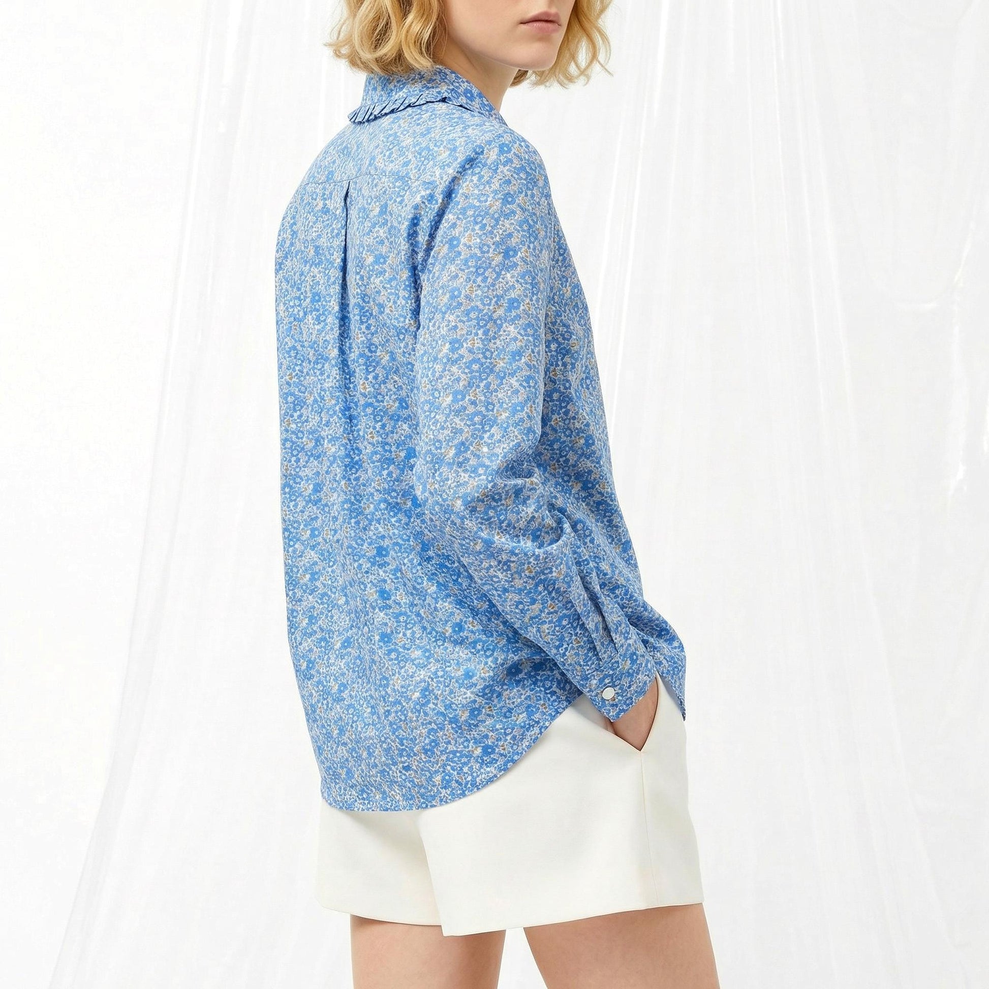 Liberty London Frilled Peter-Pan Collared Long-sleeved Chemise, Handmade Cotton Button-up Shirt, Sustainable Personalised Womenswear