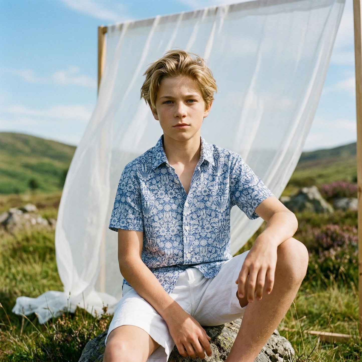 May include: A young person wearing a short-sleeved blue floral shirt and white shorts sits on a rock. The shirt has a button-down collar and a detailed white floral pattern. The background includes a sheer white fabric and a green landscape.