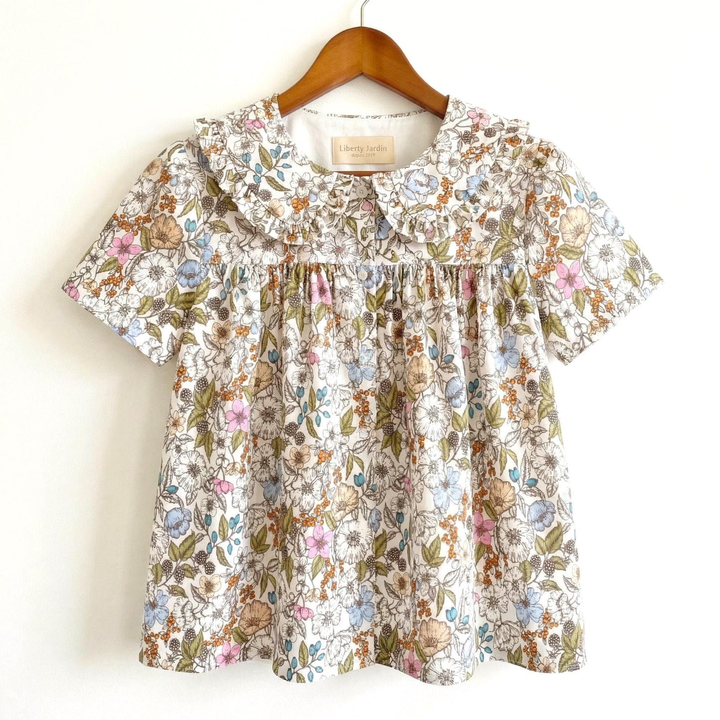 Liberty London Smock Peter-Pan Collared Short-sleeved Button-up Blouse, Handmade Cotton Clothing, Sustainable Botanical Womenswear