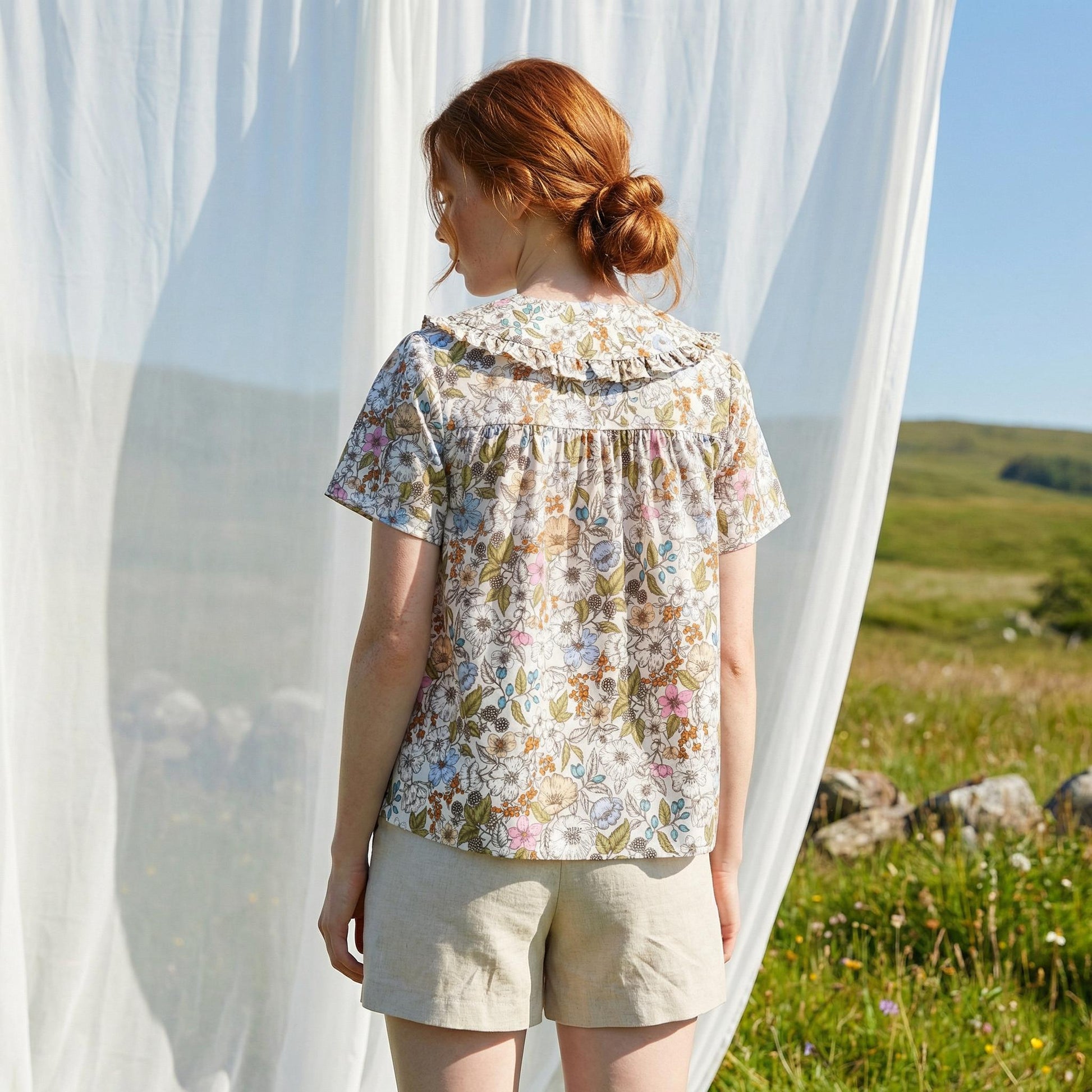Liberty London Smock Peter-Pan Collared Short-sleeved Button-up Blouse, Handmade Cotton Clothing, Sustainable Botanical Womenswear