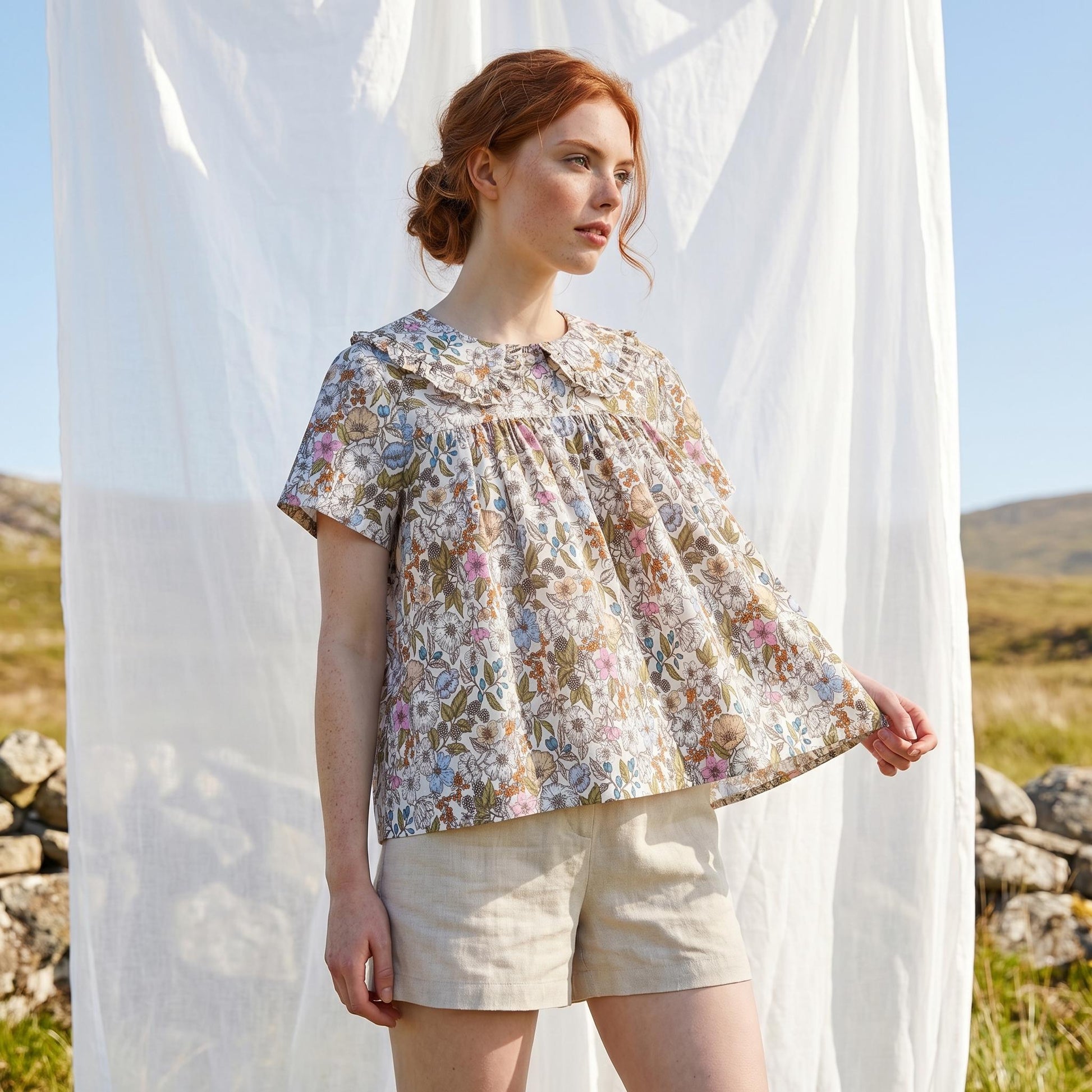 Liberty London Smock Peter-Pan Collared Short-sleeved Button-up Blouse, Handmade Cotton Clothing, Sustainable Botanical Womenswear