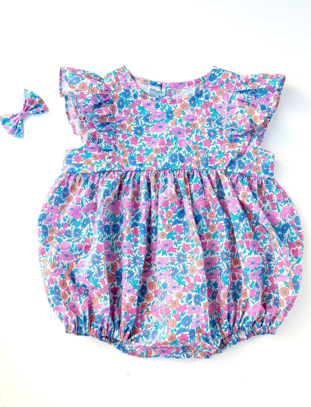 Liberty London Ruffle Sleeveless Bubble Romper, Personalised Children Clothing, Sustainable Ethical-wear, Cotton Lightweight Sunsuit
