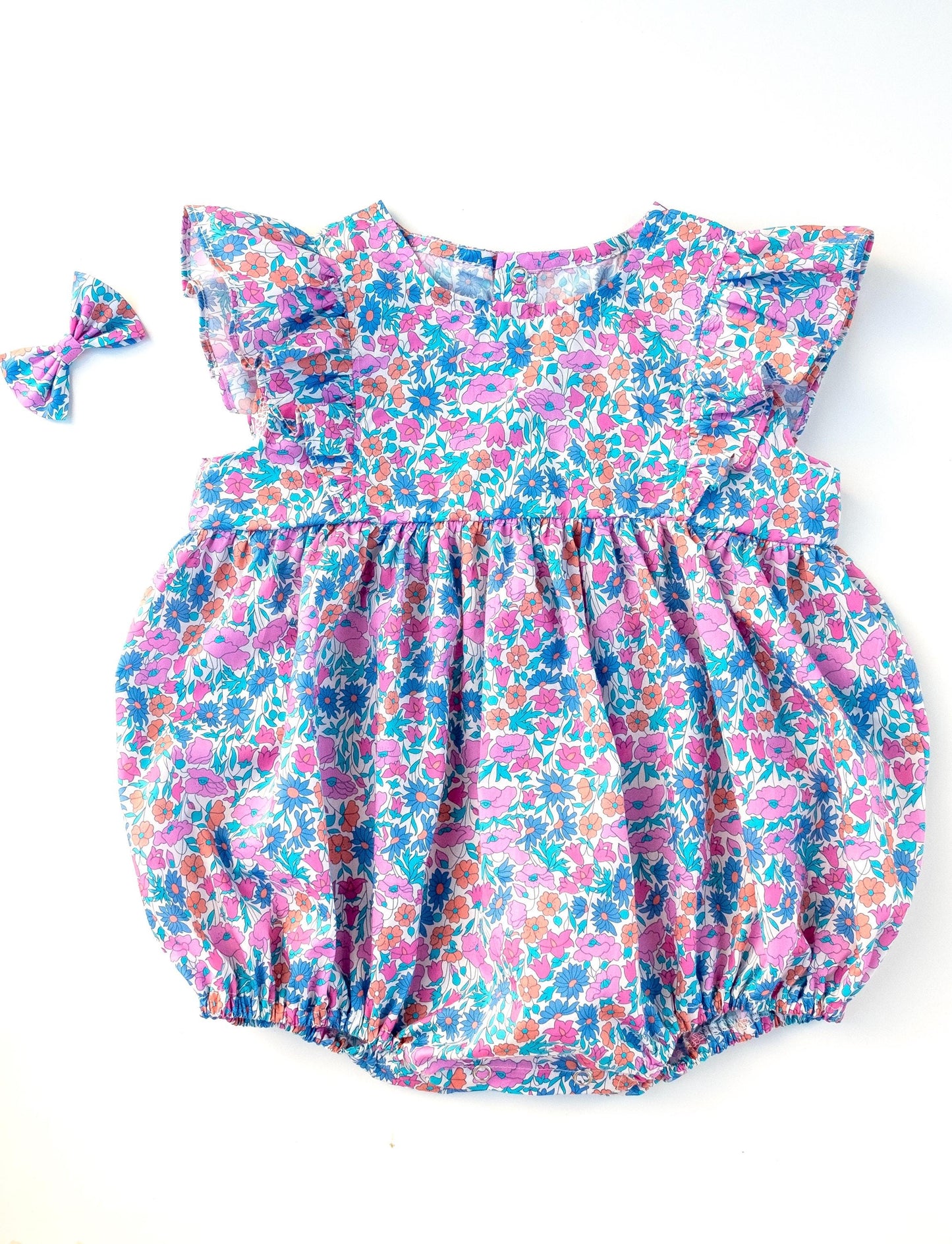 Liberty London Ruffle Sleeveless Bubble Romper, Personalised Children Clothing, Sustainable Ethical-wear, Cotton Lightweight Sunsuit