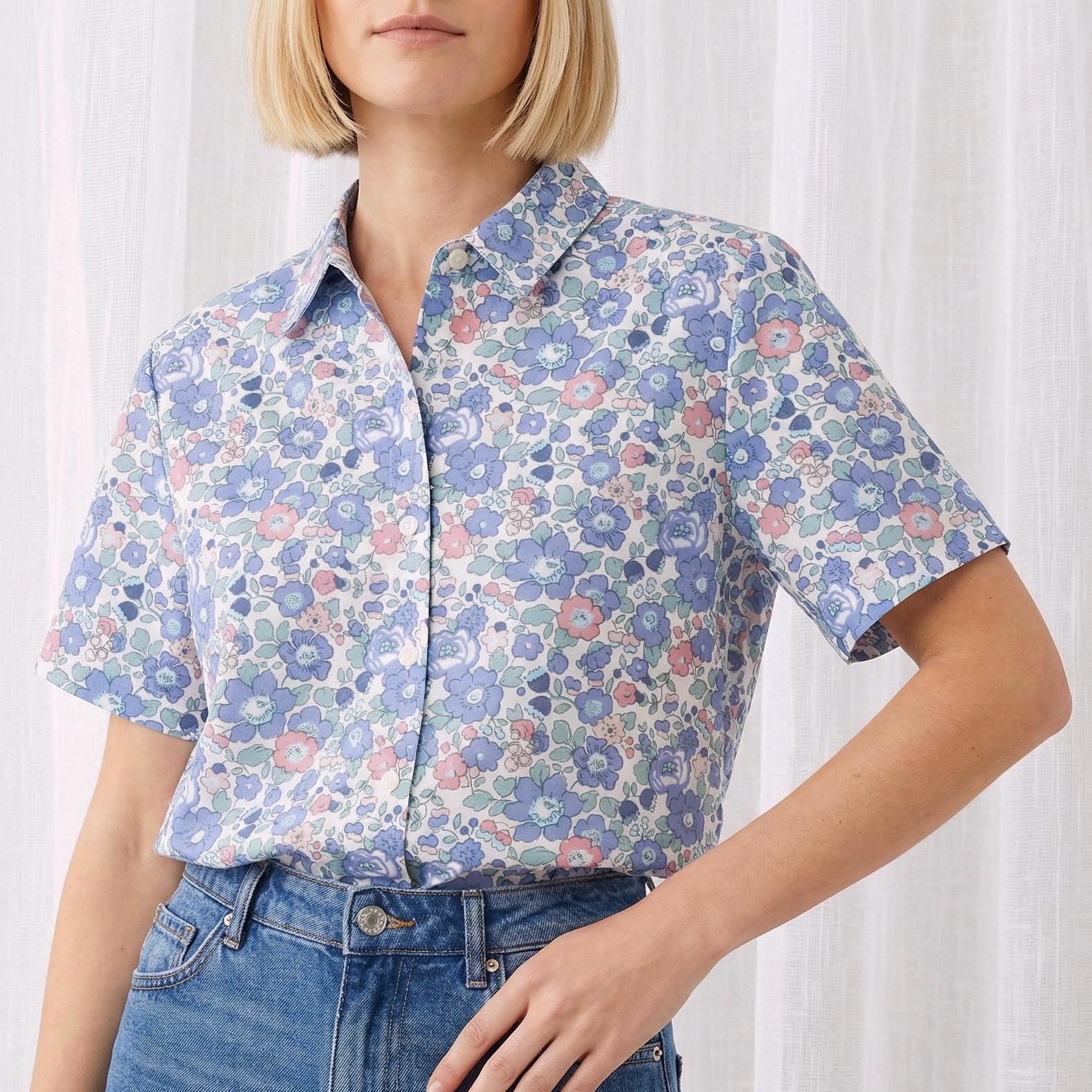 Liberty London Classic Short Sleeves Button-up Shirt, Tailoring Botanical Chemise, Versatile Sustainable Personalised Womenswear