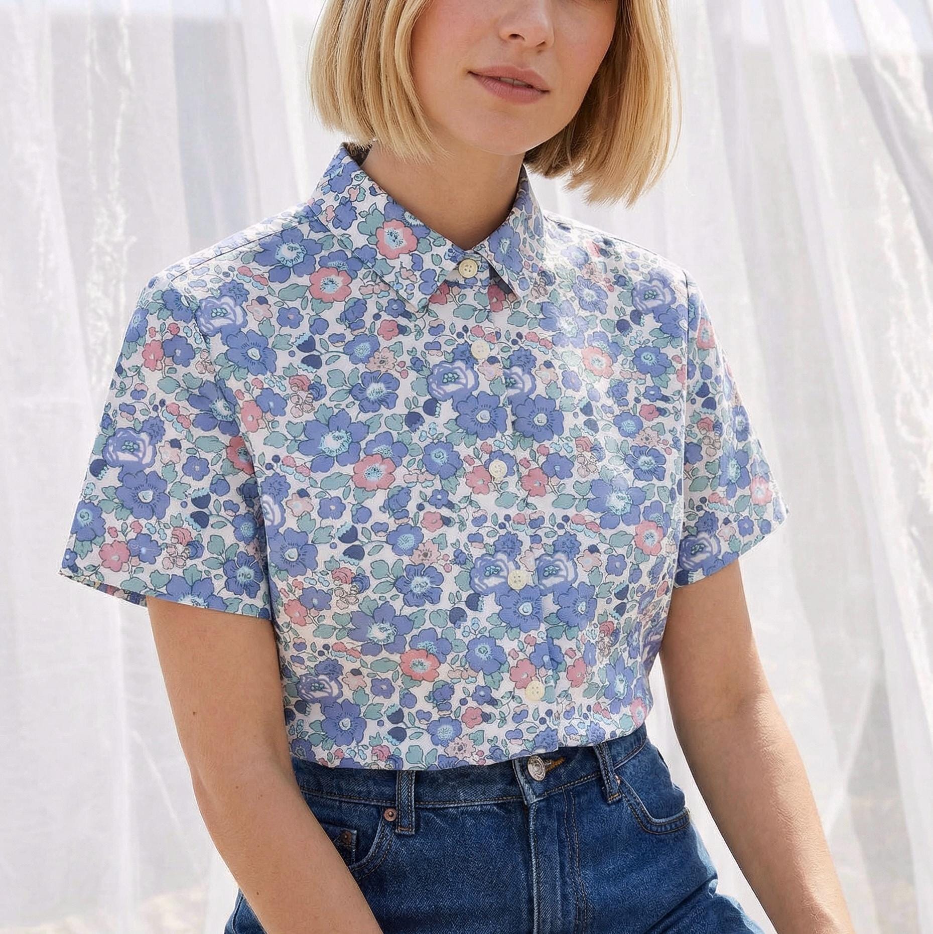 Liberty London Classic Short Sleeves Button-up Shirt, Tailoring Botanical Chemise, Versatile Sustainable Personalised Womenswear