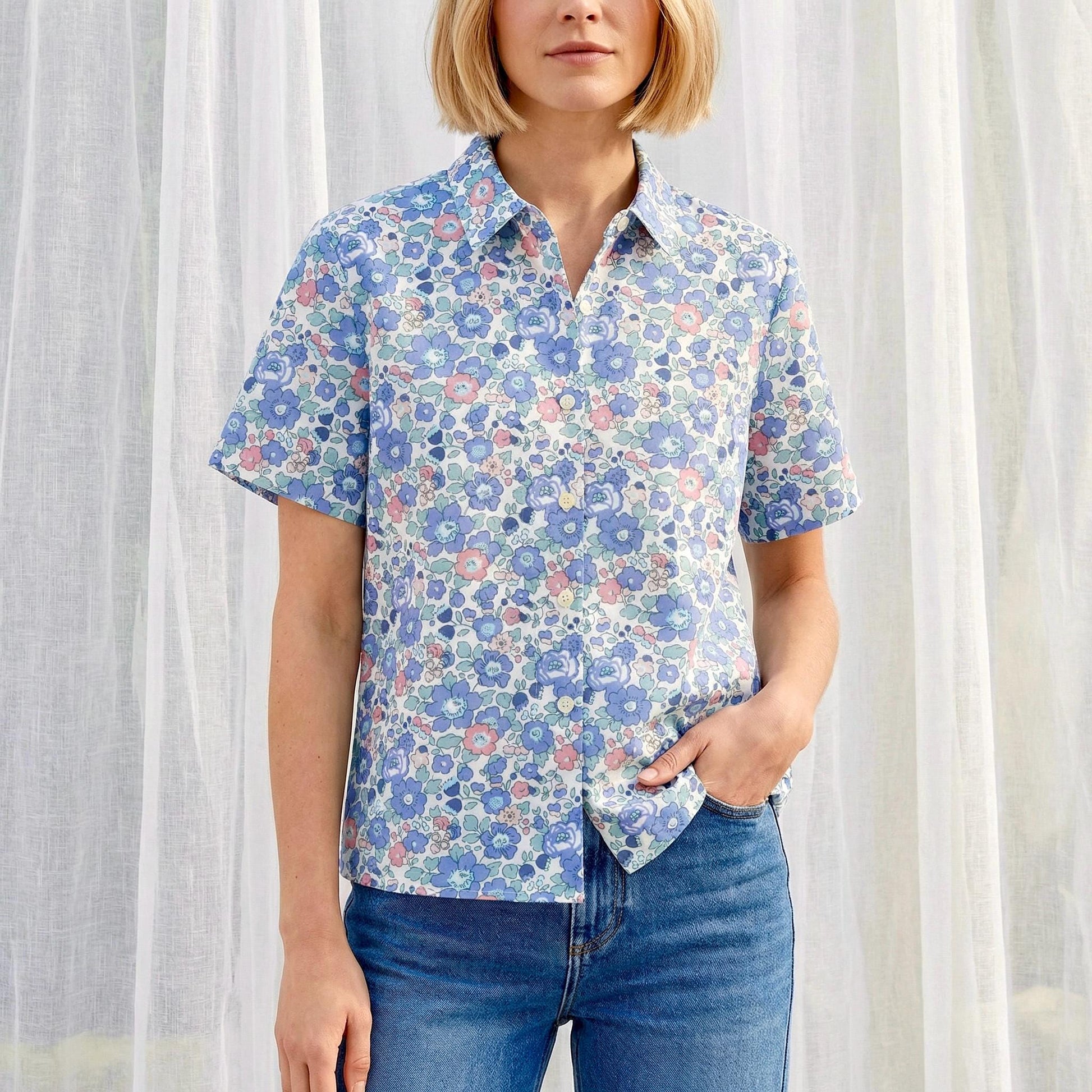 Liberty London Classic Short Sleeves Button-up Shirt, Tailoring Botanical Chemise, Versatile Sustainable Personalised Womenswear