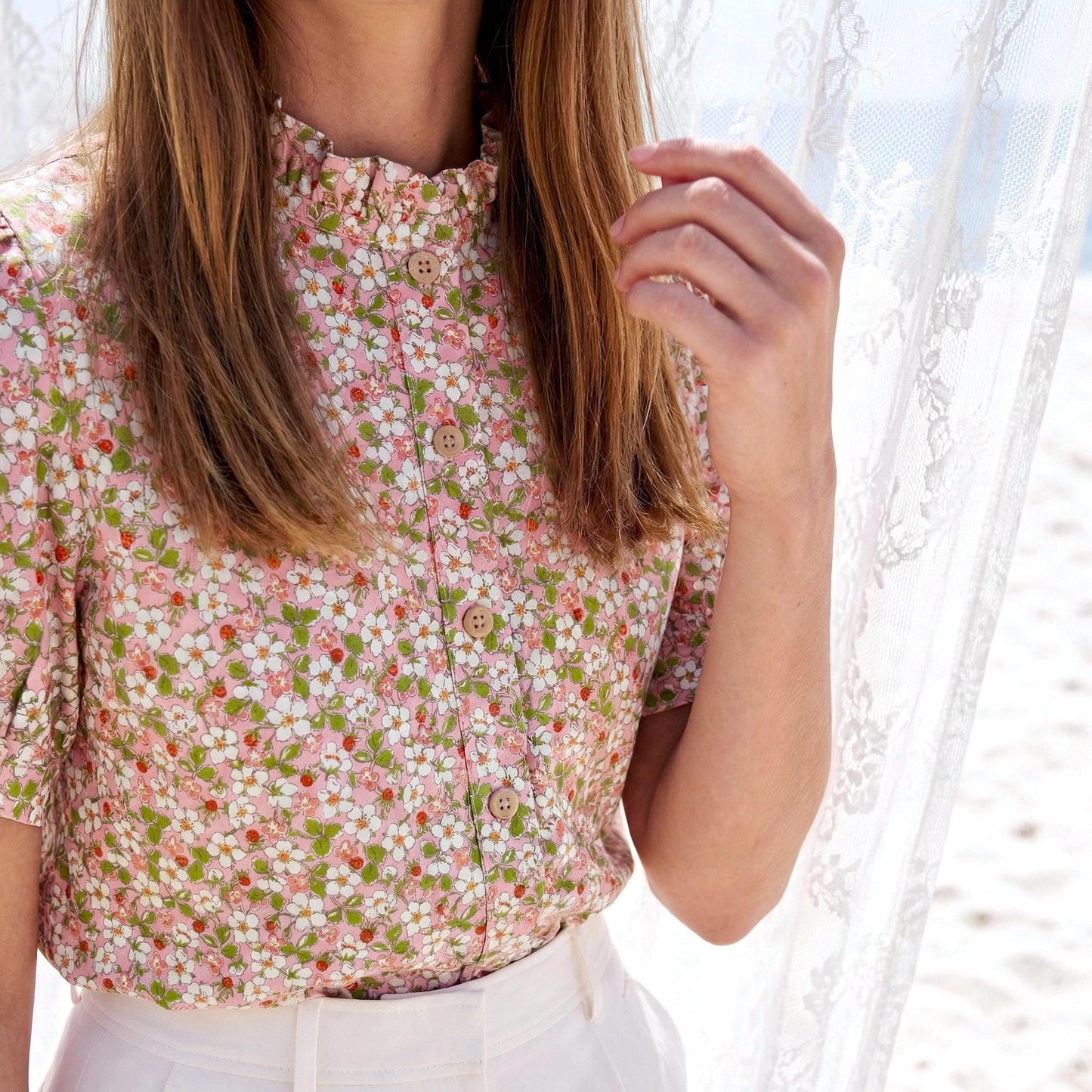 Liberty London Ruffle Collared Blouse, Short-sleeved Cotton Button-up Shirt, Handmade Botanical Womenswear, Personalised Chemise