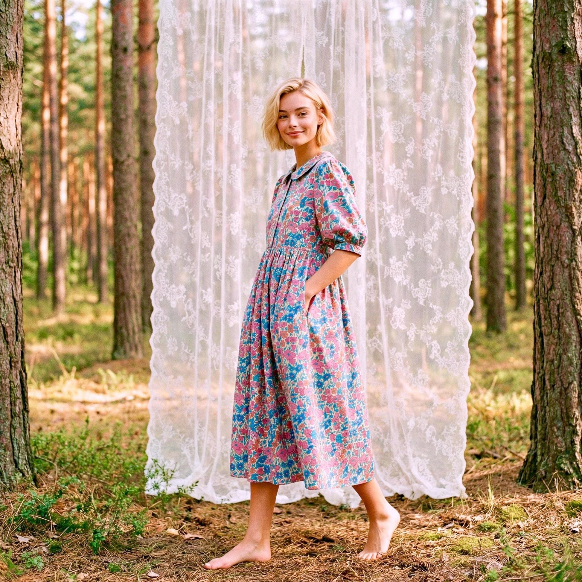 Liberty London Peter-Pan Collared Button-up Puffed Short-sleeved Shirtdress, Handmade Sustainable Womenswear, Botanical Cotton Clothing