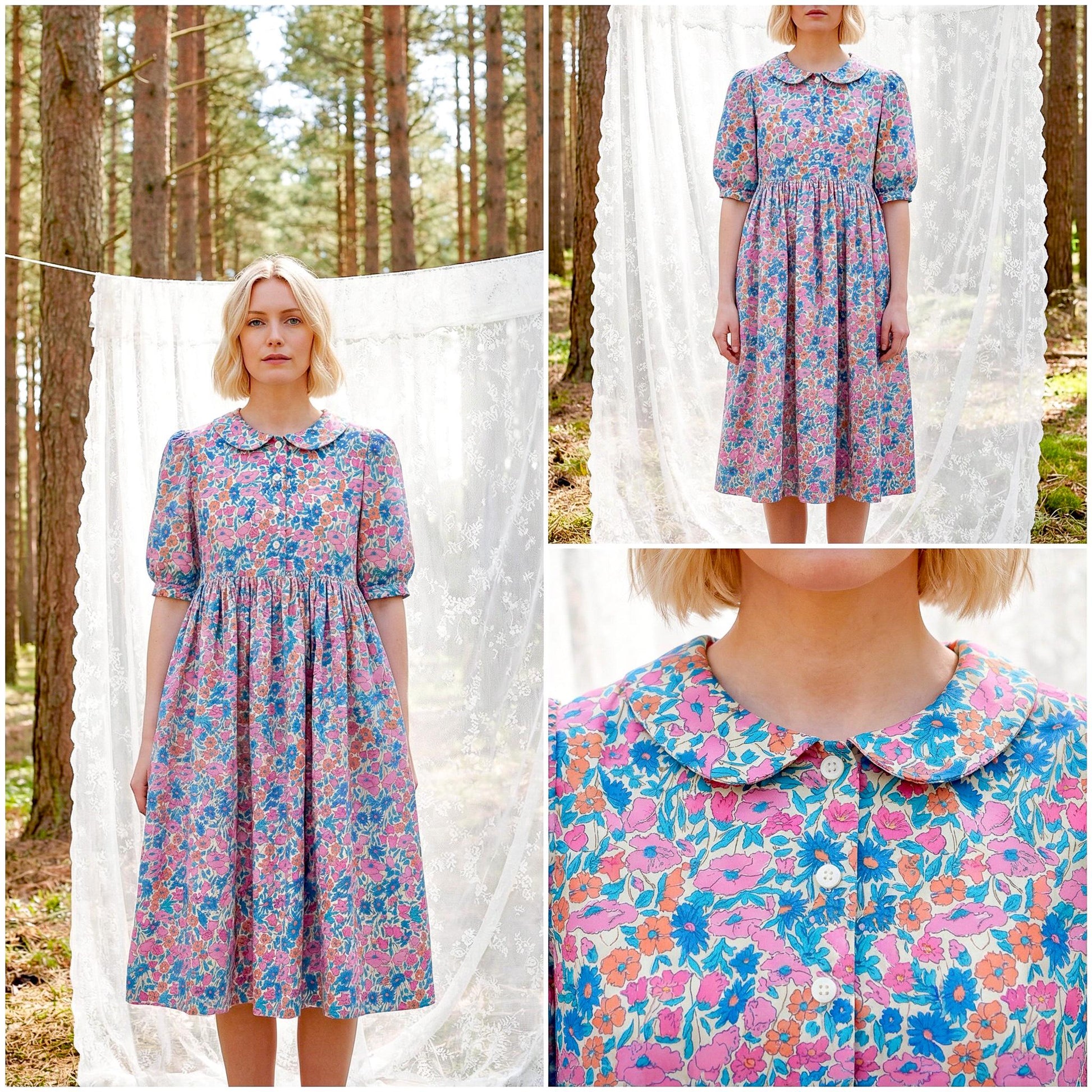 Liberty London Peter-Pan Collared Button-up Puffed Short-sleeved Shirtdress, Handmade Sustainable Womenswear, Botanical Cotton Clothing