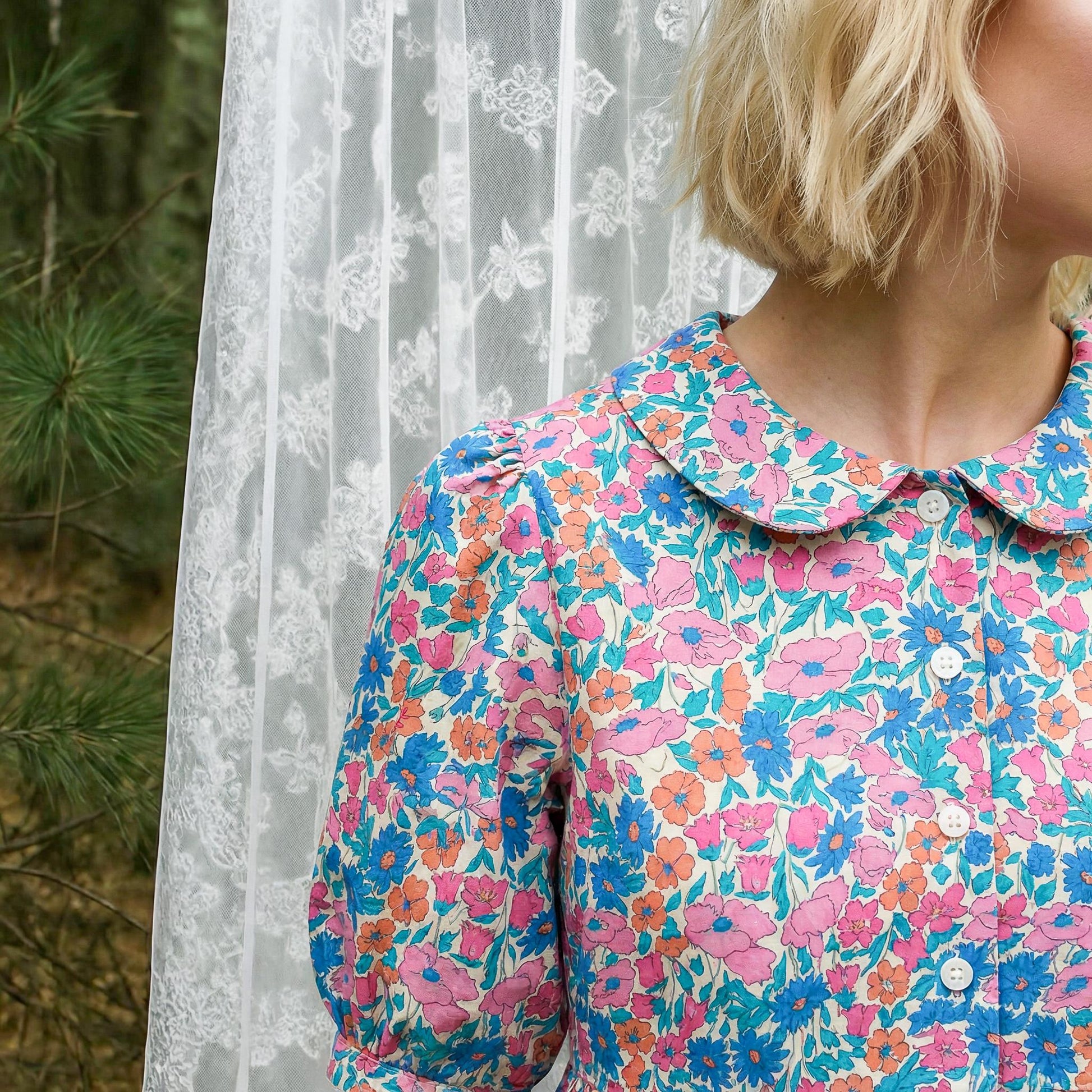 Liberty London Peter-Pan Collared Button-up Puffed Short-sleeved Shirtdress, Handmade Sustainable Womenswear, Botanical Cotton Clothing