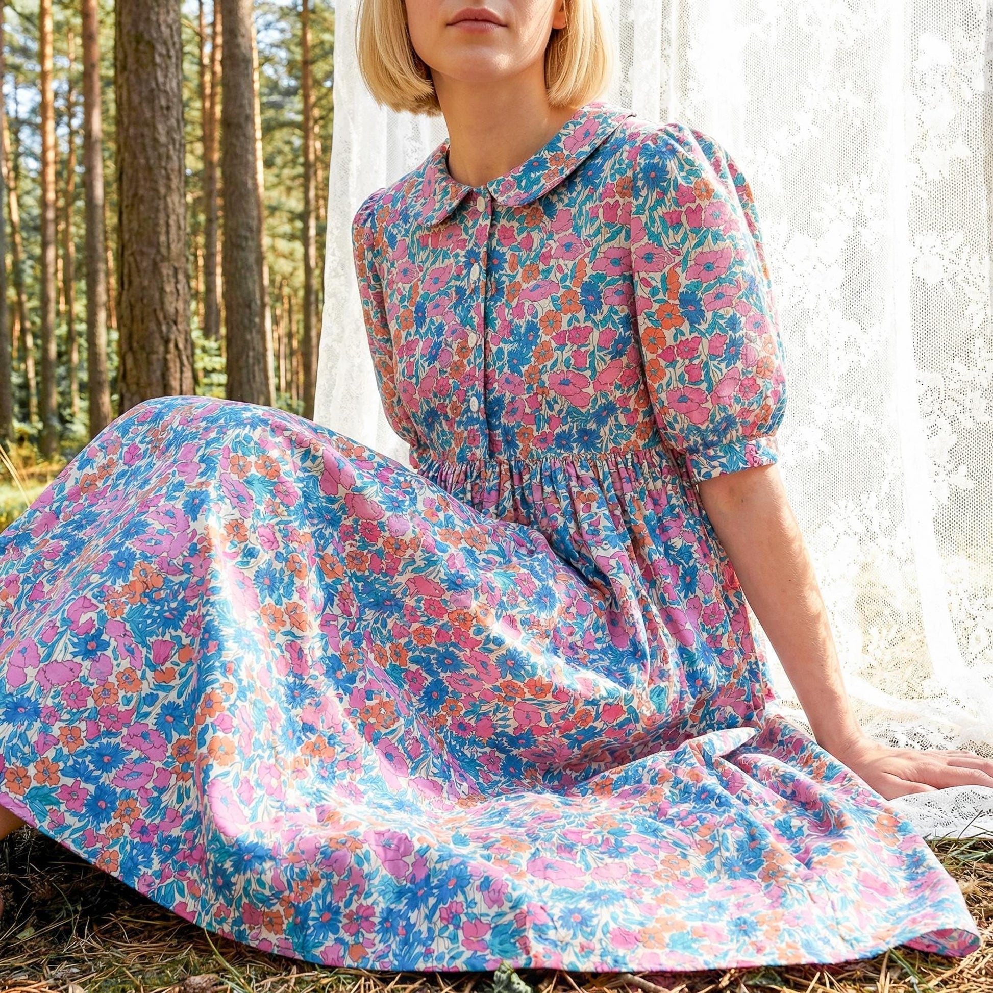 Liberty London Peter-Pan Collared Button-up Puffed Short-sleeved Shirtdress, Handmade Sustainable Womenswear, Botanical Cotton Clothing