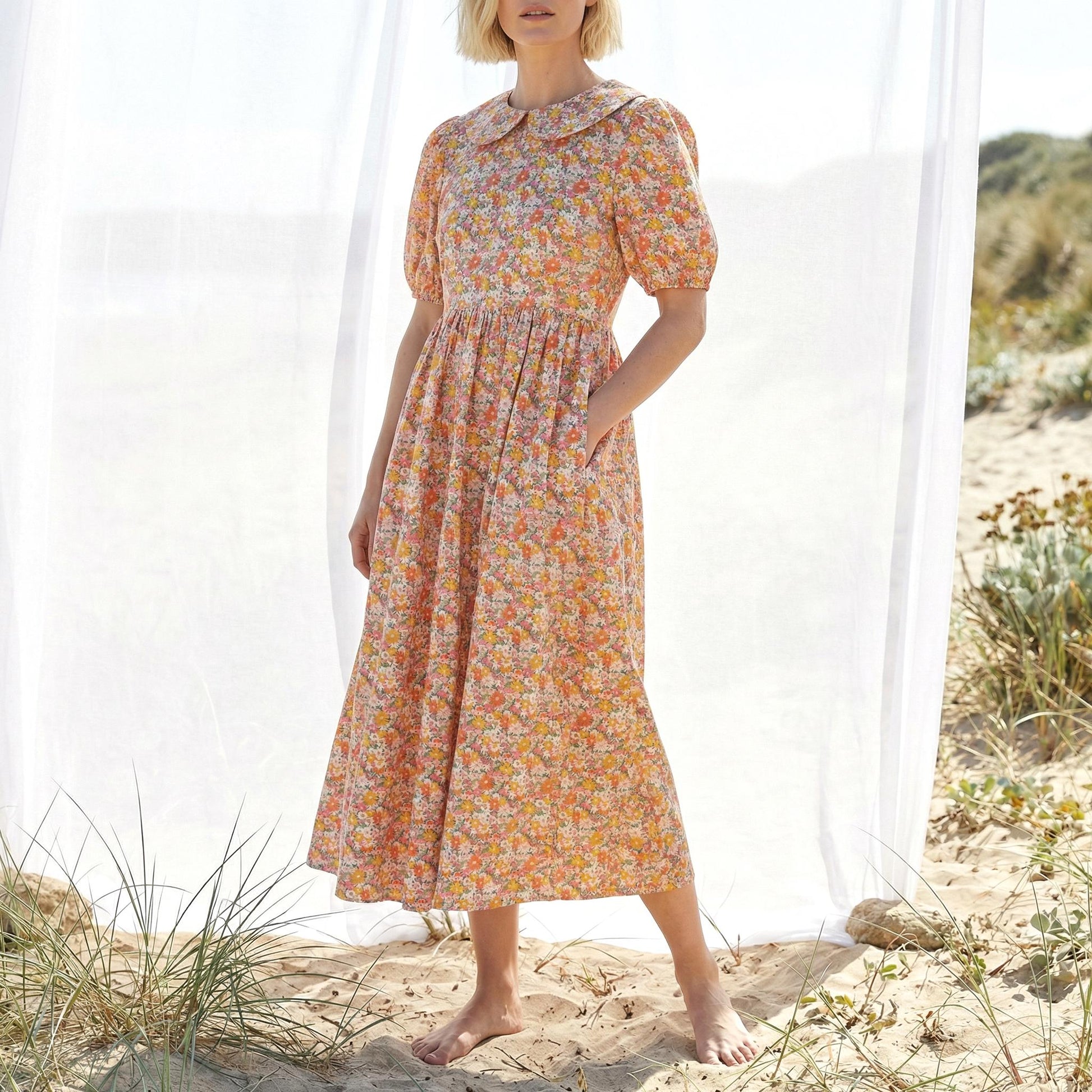Liberty London Peter-Pan Collared Button-up Puffed Short-sleeved Shirtdress, Handmade Sustainable Womenswear, Botanical Cotton Clothing