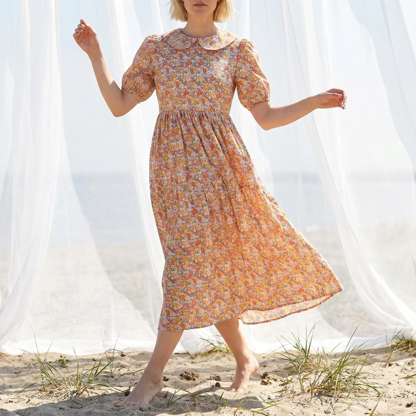 Liberty London Peter-Pan Collared Button-up Puffed Short-sleeved Shirtdress, Handmade Sustainable Womenswear, Botanical Cotton Clothing