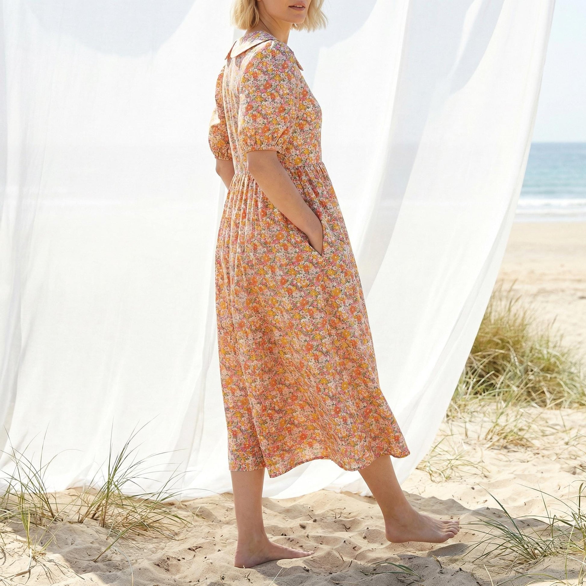 Liberty London Peter-Pan Collared Button-up Puffed Short-sleeved Shirtdress, Handmade Sustainable Womenswear, Botanical Cotton Clothing