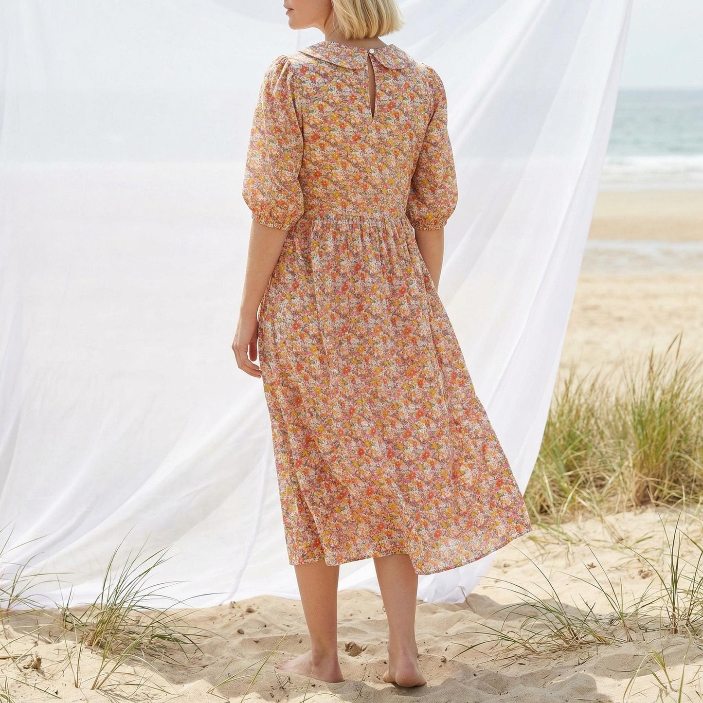 Liberty London Peter-Pan Collared Button-up Puffed Short-sleeved Shirtdress, Handmade Sustainable Womenswear, Botanical Cotton Clothing