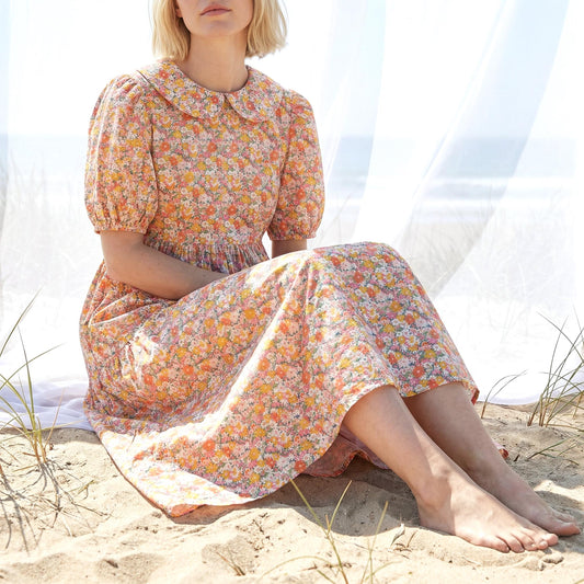 Liberty London Peter-Pan Collared Button-up Puffed Short-sleeved Shirtdress, Handmade Sustainable Womenswear, Botanical Cotton Clothing