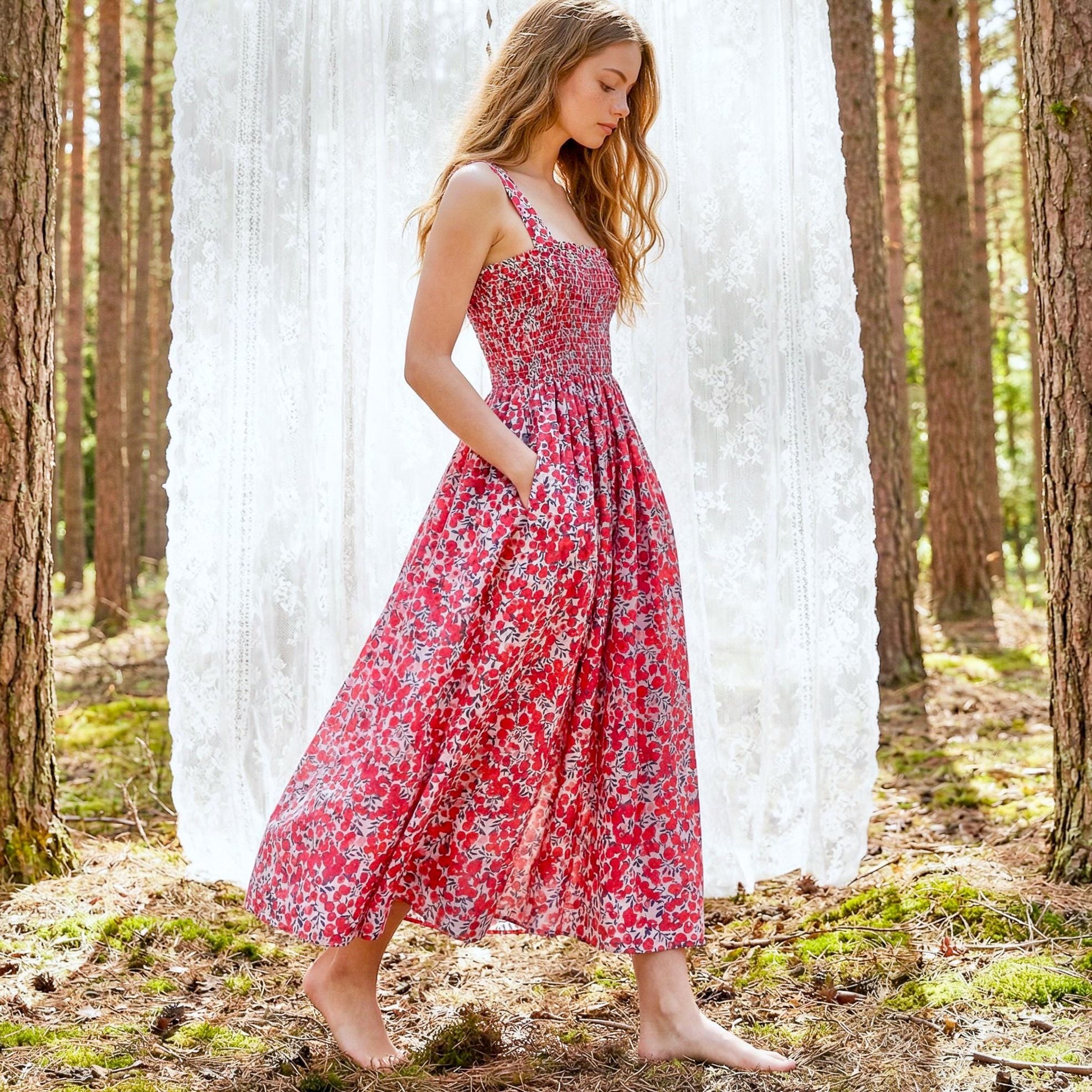 Liberty London Smock Shirred Sundress, Handmade Cotton Womenswear, Botanical Sustainable Clothing, Personalised Tailoring Outfits