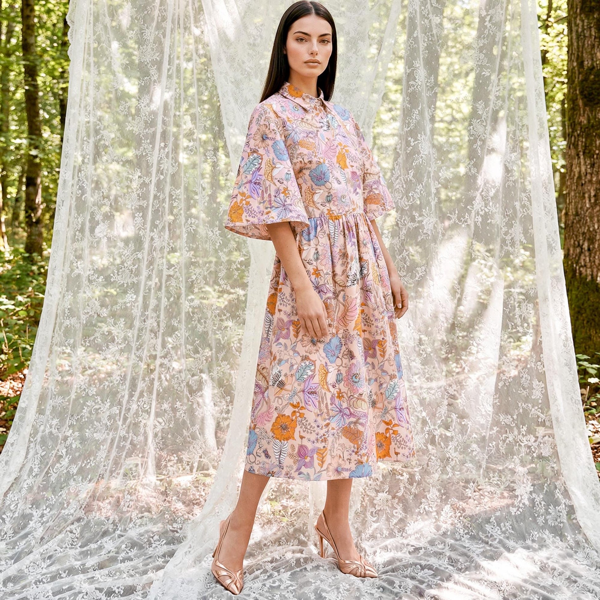 Liberty London Collared Kimono Sleeves Shirtdress, Handmade Botanical Womenswear, Sustainable Slow-fashioned Clothing, Personalised Dress