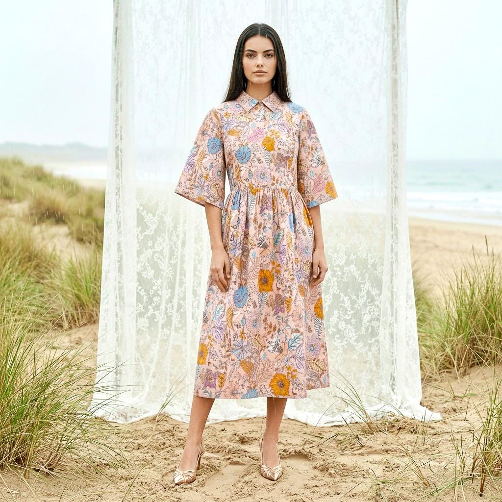 Liberty London Collared Kimono Sleeves Shirtdress, Handmade Botanical Womenswear, Sustainable Slow-fashioned Clothing, Personalised Dress