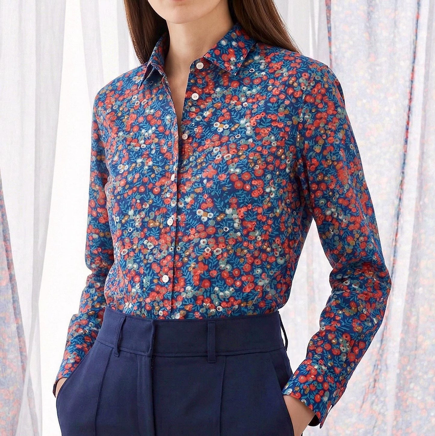Liberty London Button-up Long-sleeved Dress Shirt, Handmade Botanical Clothing, Sustainable Cotton Womenswear, Tailoring Blouse