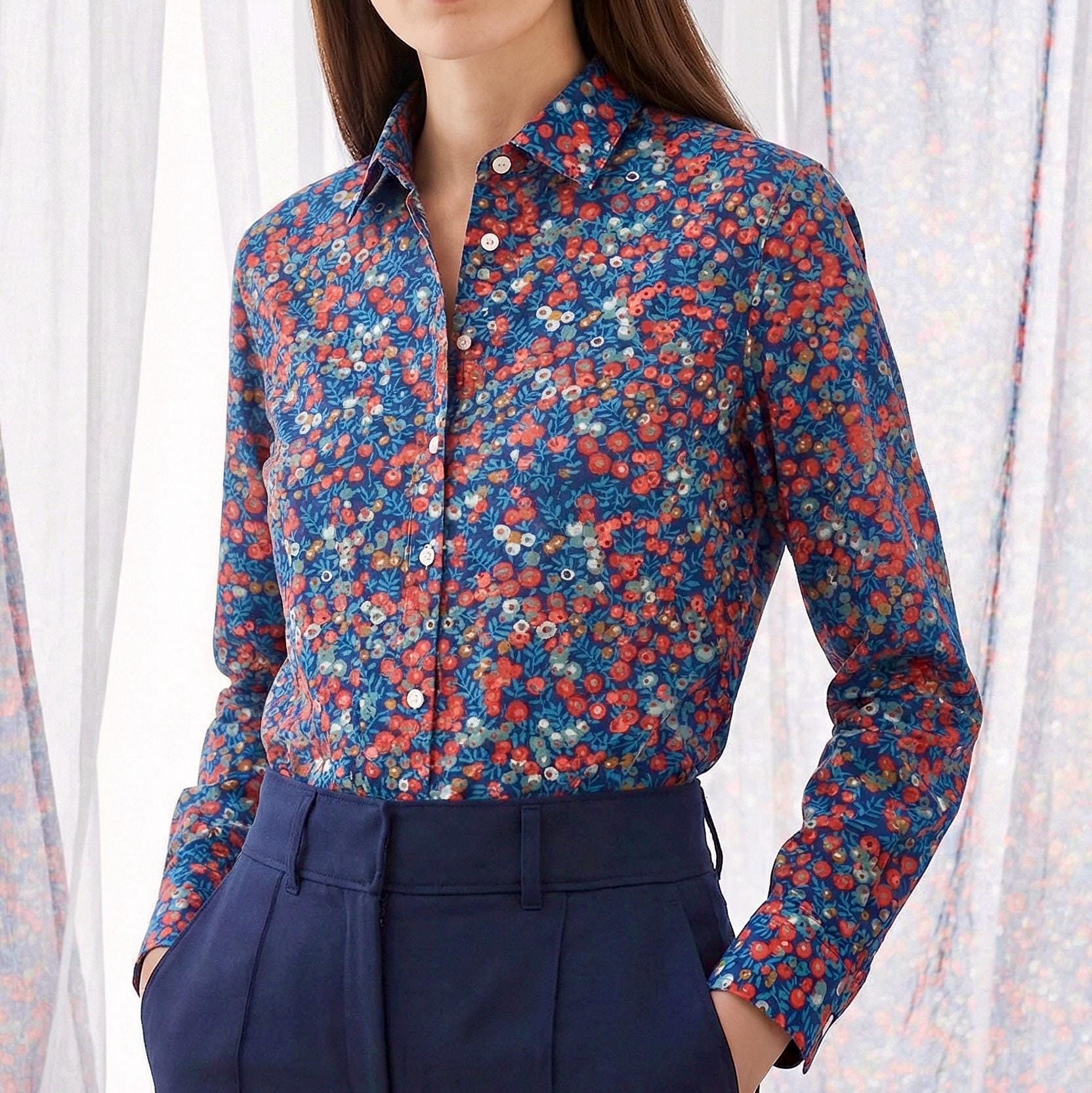 Liberty London Button-up Long-sleeved Dress Shirt, Handmade Botanical Clothing, Sustainable Cotton Womenswear, Tailoring Blouse