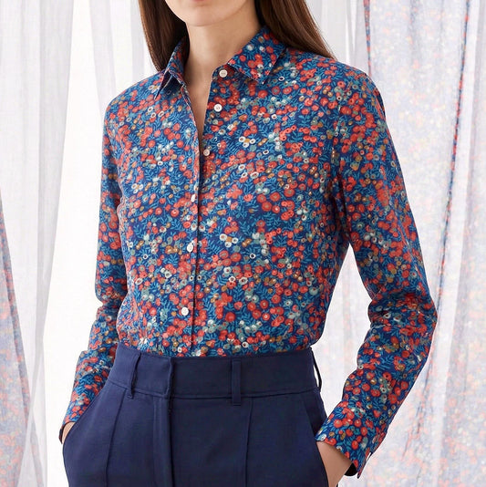 Liberty London Button-up Long-sleeved Dress Shirt, Handmade Botanical Clothing, Sustainable Cotton Womenswear, Tailoring Blouse