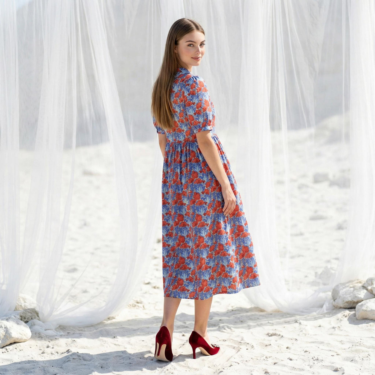 Liberty London Peter-Pan Collared Short-sleeved Dress, Handmade Sustainable Womenswear, Personalised Versatile Cotton Botanical Clothing