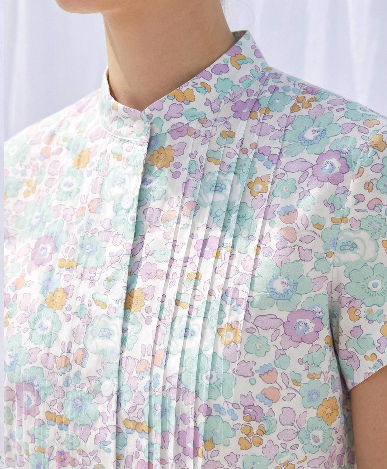 Liberty London Pin-tuck Mandarin Collar Blouse, Short Sleeves Button-up Shirt, Handmade Personalised Cotton Top