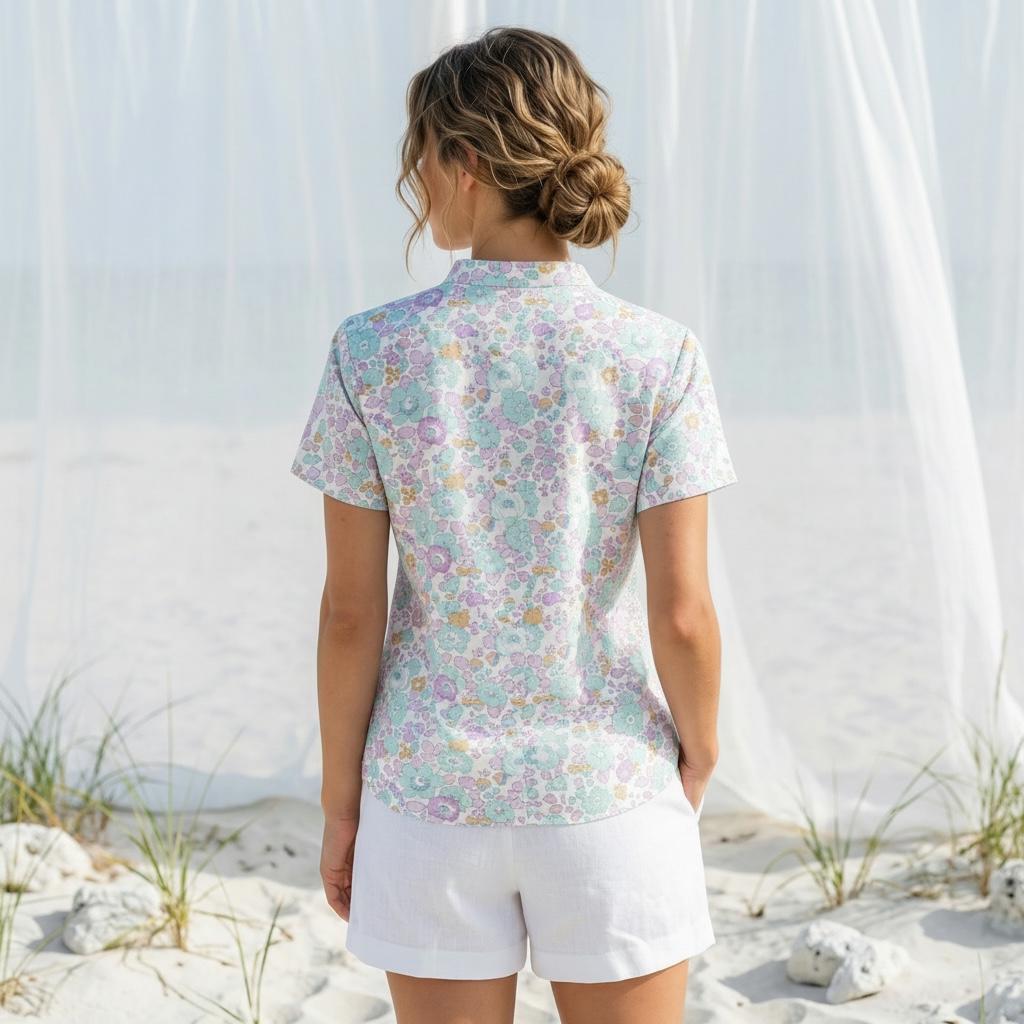 Liberty London Mandarin Collared Pin-tuck Short-sleeved Top, Button-up Blouse, Handcrafted Personalised Shirt, Tailoring Chemise