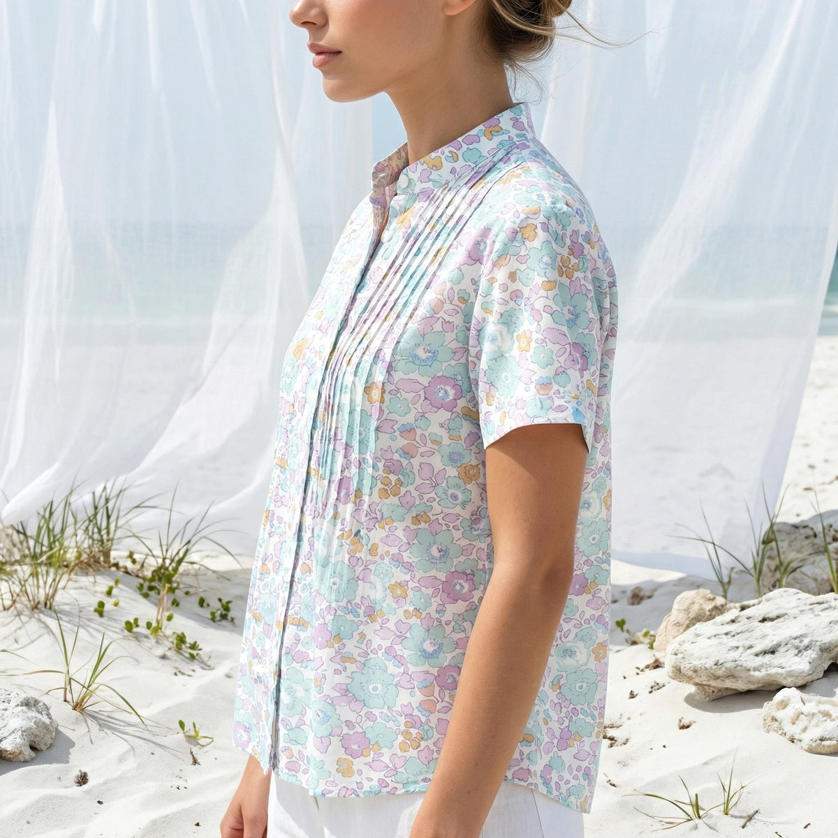 Liberty London Mandarin Collared Pin-tuck Short-sleeved Top, Button-up Blouse, Handcrafted Personalised Shirt, Tailoring Chemise