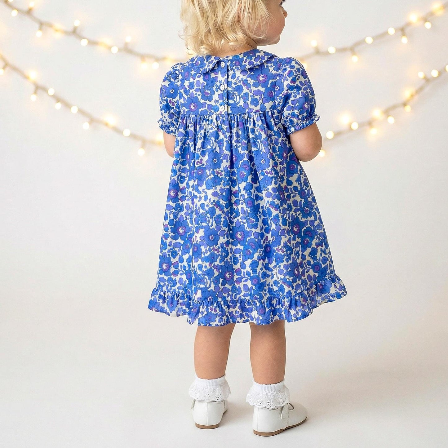 Liberty London Smock Peter-Pan Collared Short-sleeved Dress, Personalised Handmade Children-wear, Sustainable Ethical Cotton Clothing