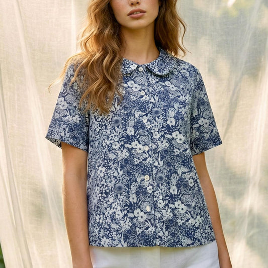 Liberty London Peter Pan Collared Handmade Chemise, Button-up Botanical Personalised Shirt, Minimalist Versatile Clothing