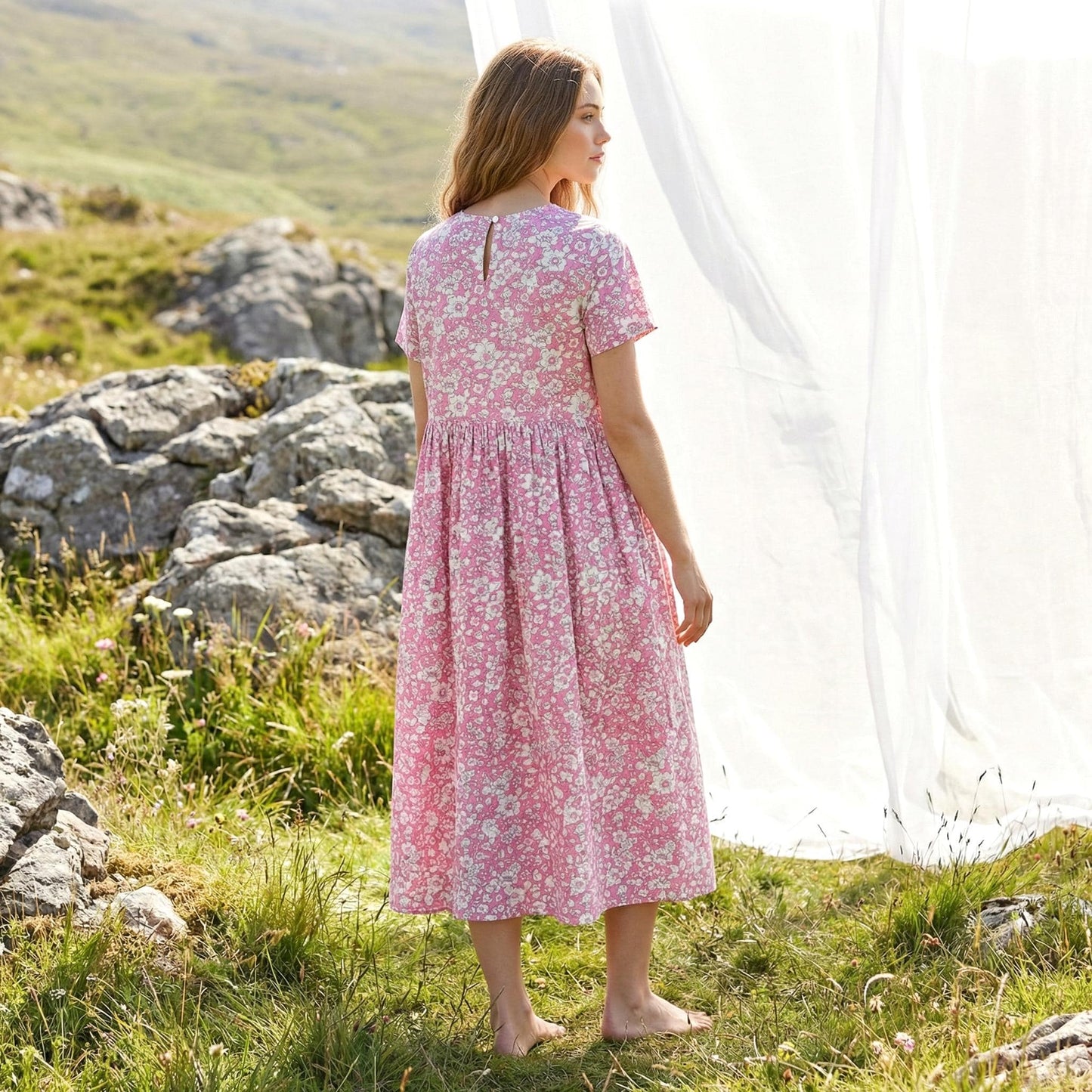 Liberty London Floral Print Dress: Scoop Neck Lace Tie Short Sleeves