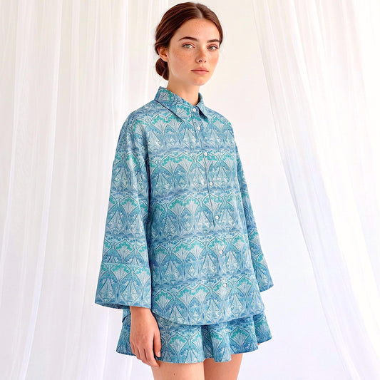 Liberty London Kimono Shirt, Bracelet Sleeves Button-up Chemise, Handmade Personalised Blouse, Botanical Sustainable Clothing