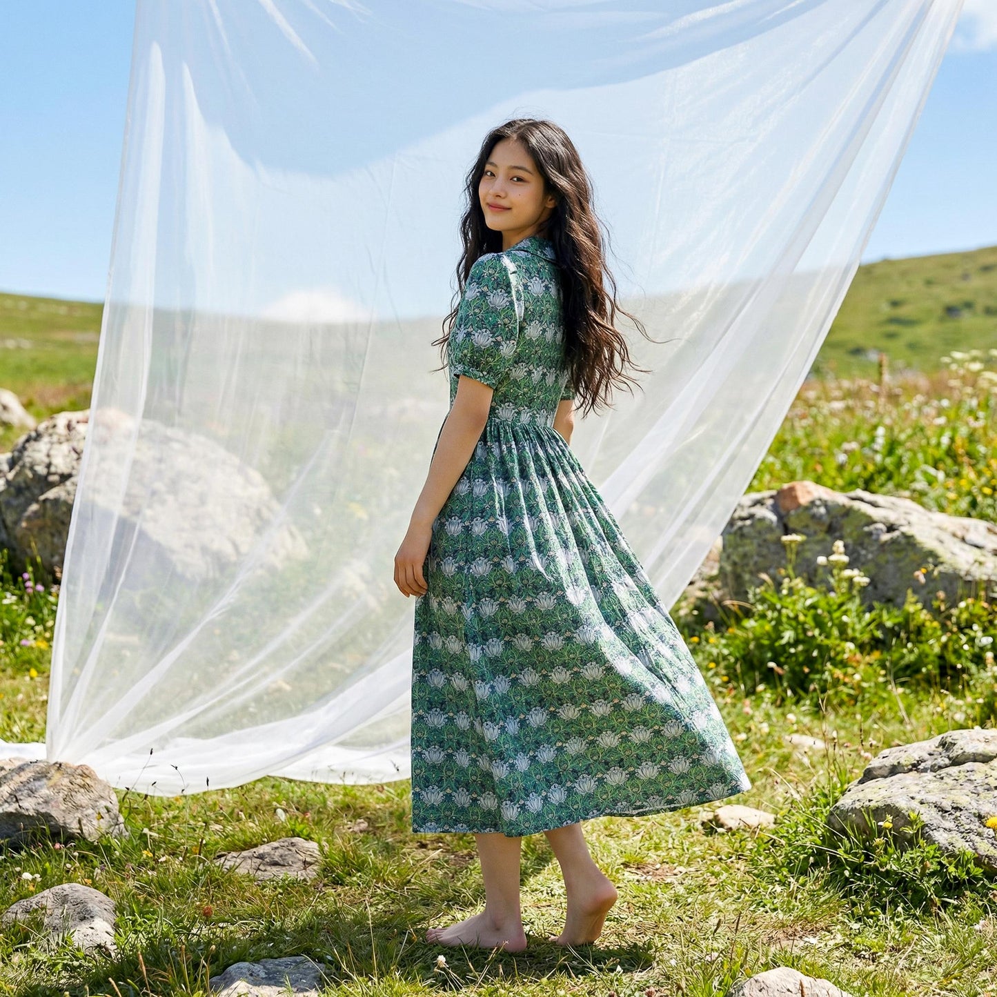 William Morris Peter-Pan Collared Short-sleeved Dress, Handmade Sustainable Womenswear, Personalised Versatile Cotton Botanical Clothing