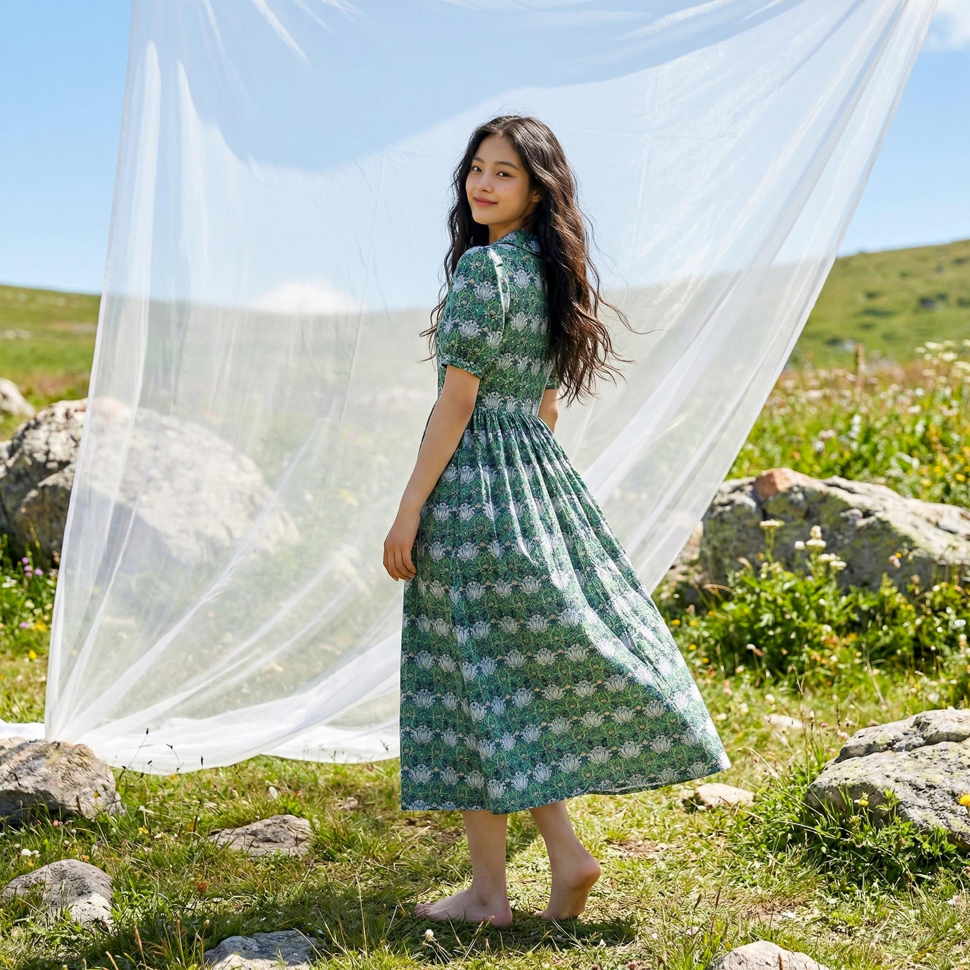William Morris Peter-Pan Collared Short-sleeved Dress, Handmade Sustainable Womenswear, Personalised Versatile Cotton Botanical Clothing