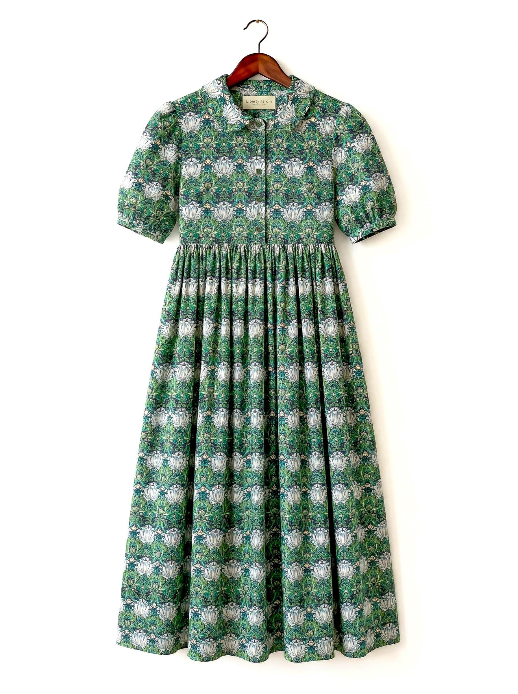 William Morris Peter-Pan Collared Short-sleeved Dress, Handmade Sustainable Womenswear, Personalised Versatile Cotton Botanical Clothing