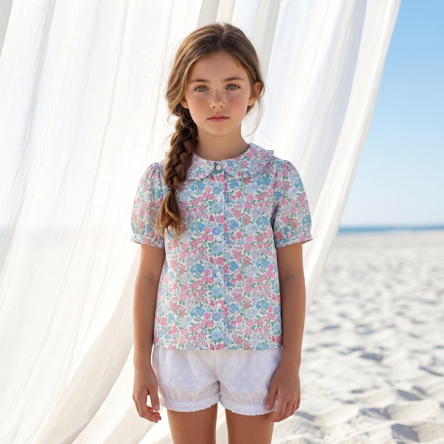 Liberty London Ruffle Peter-Pan Collared Short-sleeved Top, Handmade Sustainable Children Clothing, Customised Button-Up Blouse