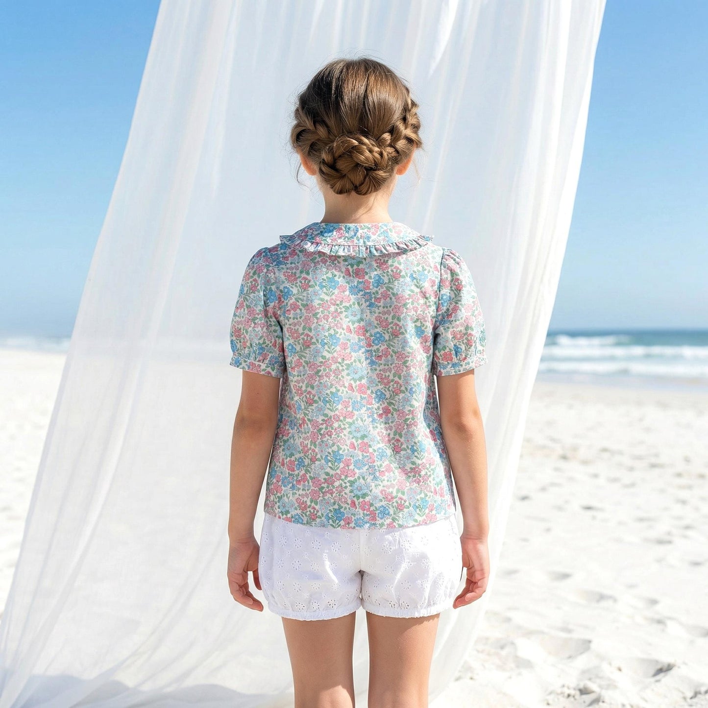 Liberty London Ruffle Peter-Pan Collared Short-sleeved Top, Handmade Sustainable Children Clothing, Customised Button-Up Blouse