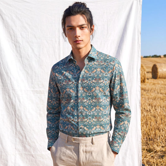 Liberty London Long-sleeved Button-up Shirt, Personalised Menswear, Tailoring Chemise, Sustainable Cotton Clothing, Botanical Design