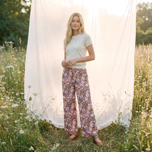 Liberty London Woman Wide-legged Palazzo Pants, Handmade Womenswear, Botanical Floral-printed Lightweight Clothing, Elastic-waisted Trousers