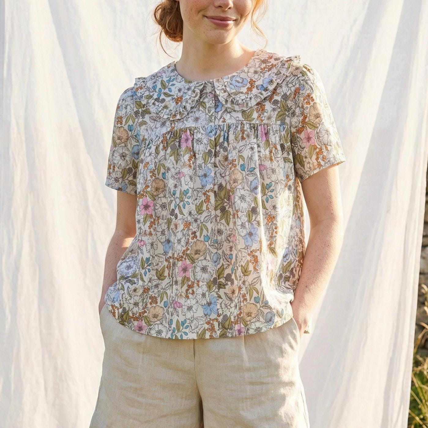 Liberty London Smock Peter-Pan Collared Short-sleeved Button-up Blouse, Handmade Cotton Clothing, Sustainable Botanical Womenswear