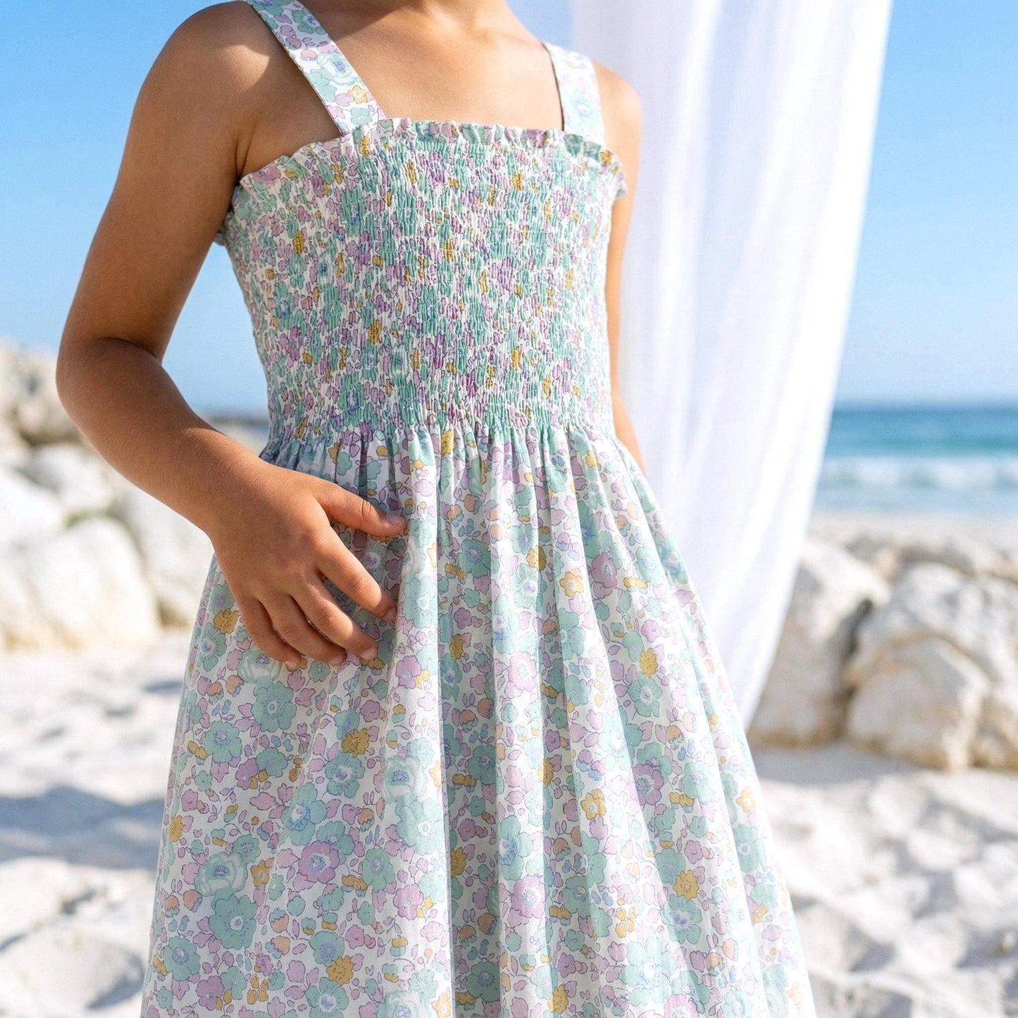 Liberty London Smock Shirred Sundress, Personalised Handmade Cotton Clothing, Customised Sustainable Children-wear, Botanical Dress