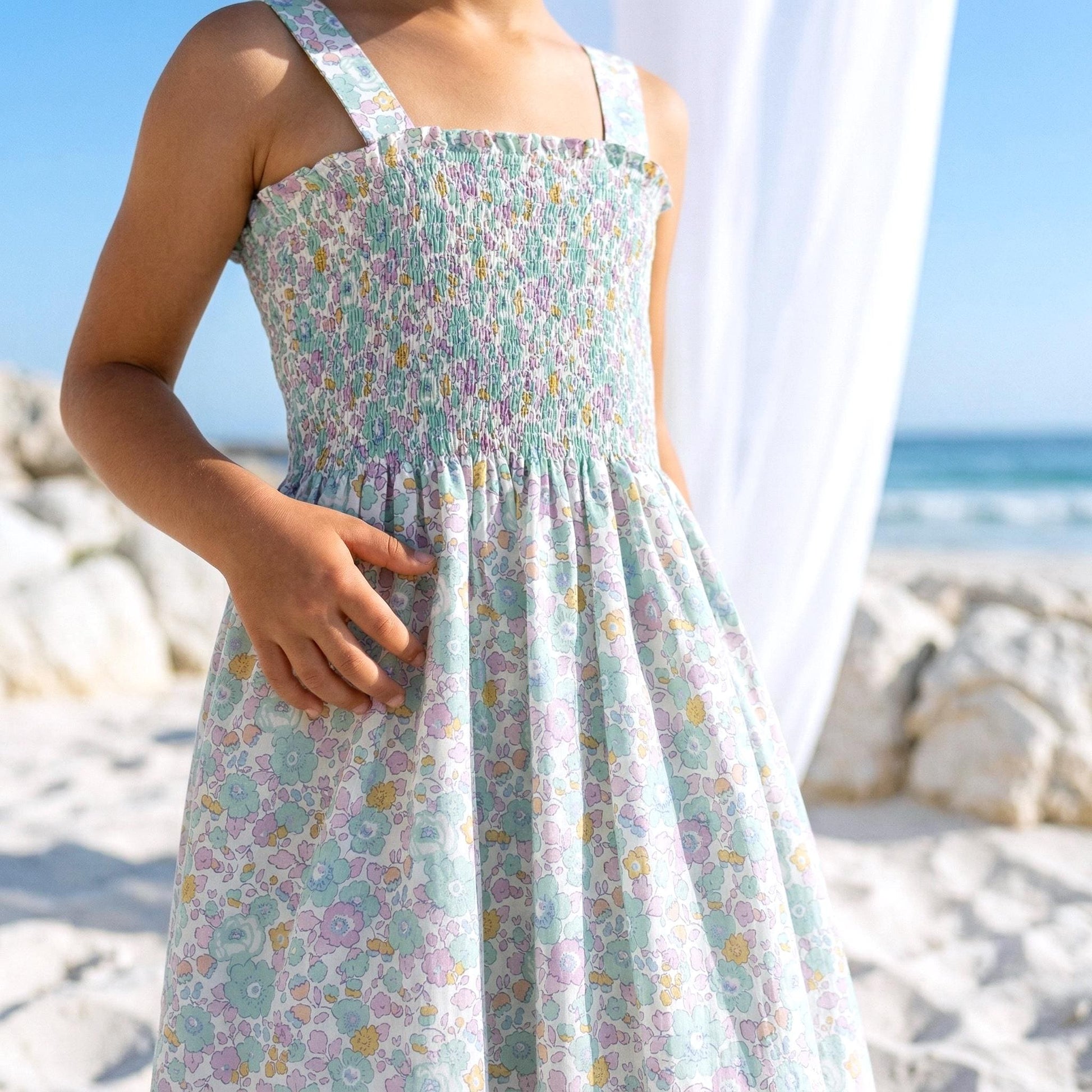 Liberty London Smock Shirred Sundress, Personalised Handmade Cotton Clothing, Customised Sustainable Children-wear, Botanical Dress