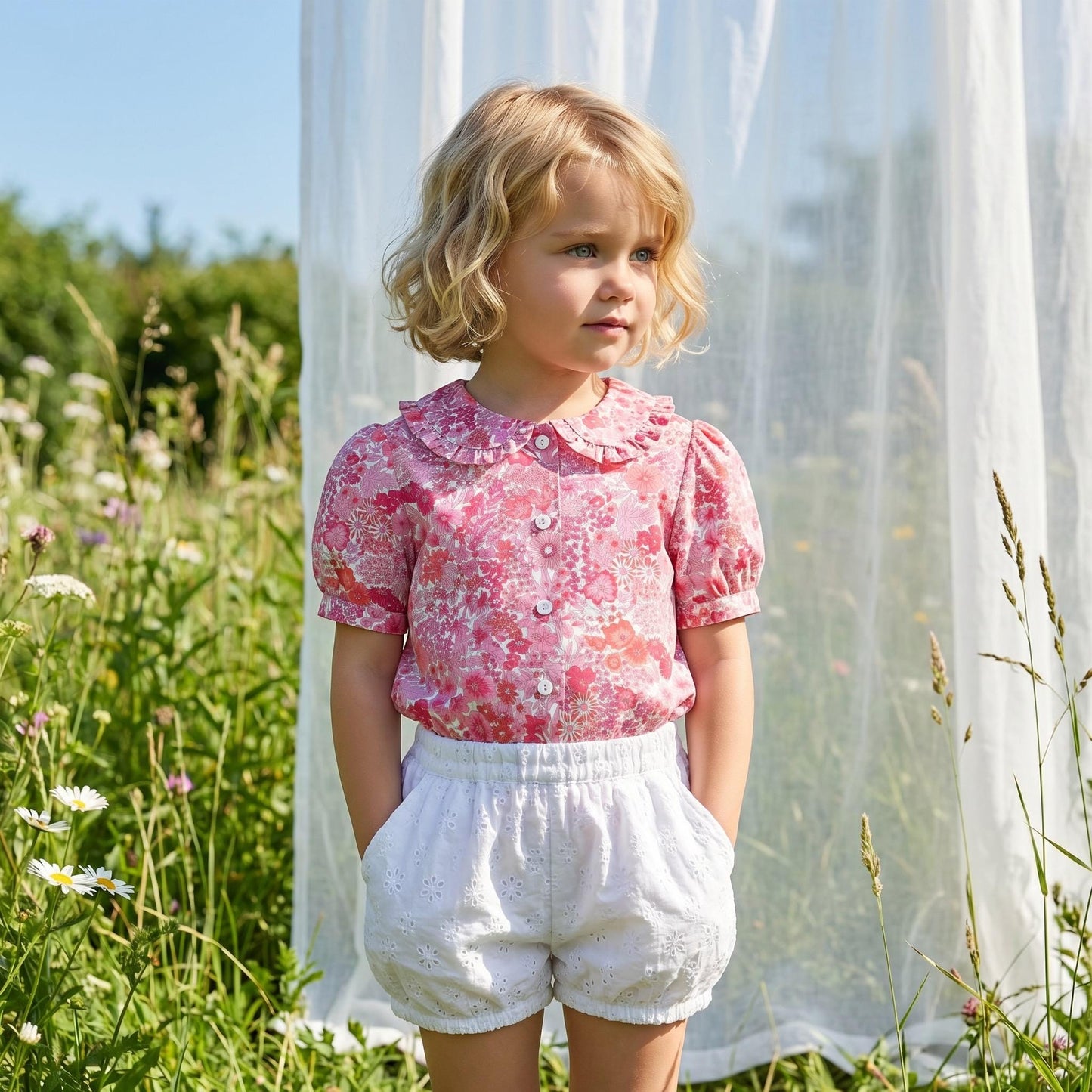 Liberty London Ruffle Peter-Pan Collared Short-sleeved Top, Handmade Sustainable Children Clothing, Customised Button-Up Blouse