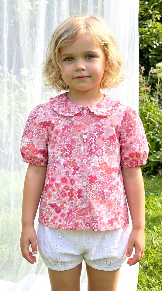 Liberty London Ruffle Peter-Pan Collared Short-sleeved Top, Handmade Sustainable Children Clothing, Customised Button-Up Blouse