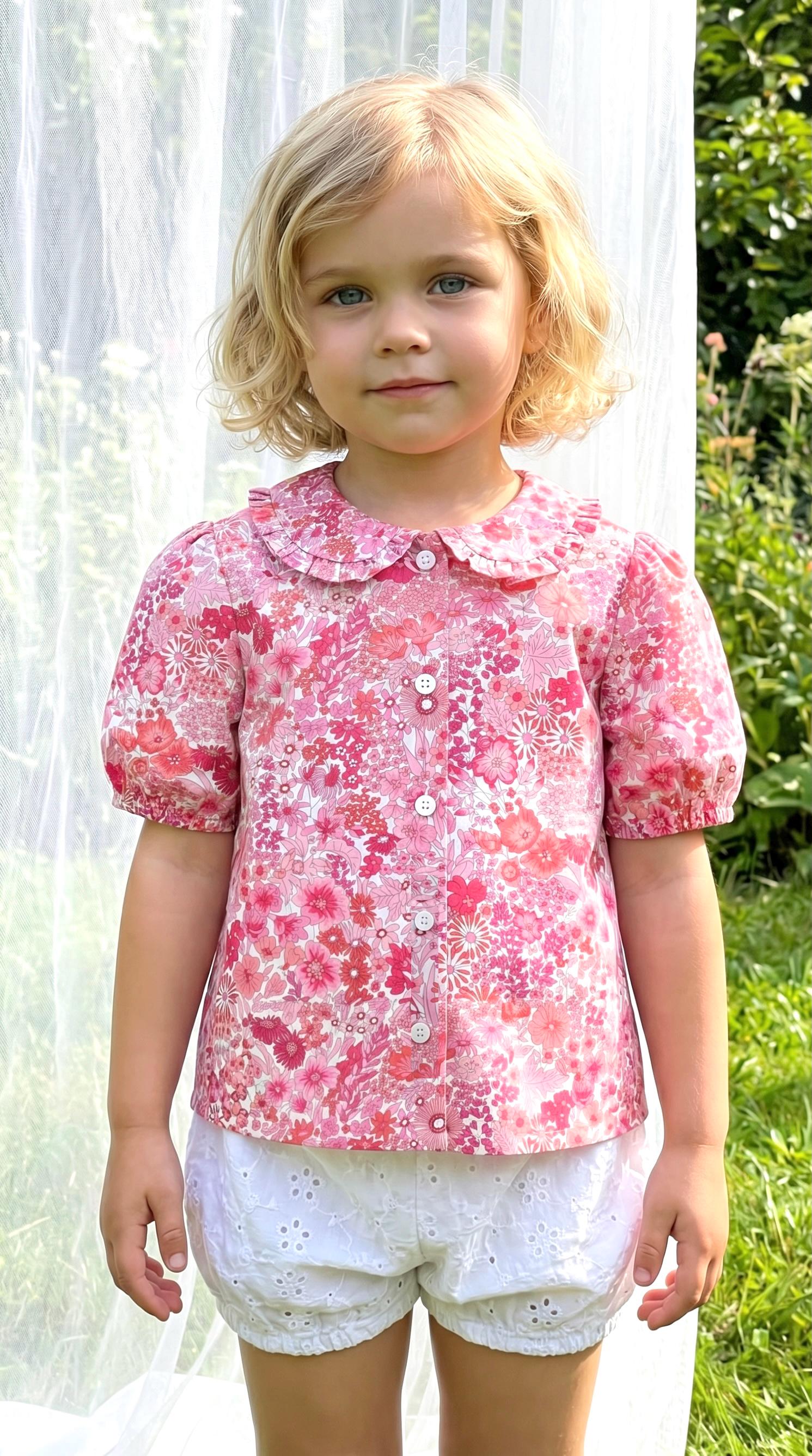 Liberty London Ruffle Peter-Pan Collared Short-sleeved Top, Handmade Sustainable Children Clothing, Customised Button-Up Blouse