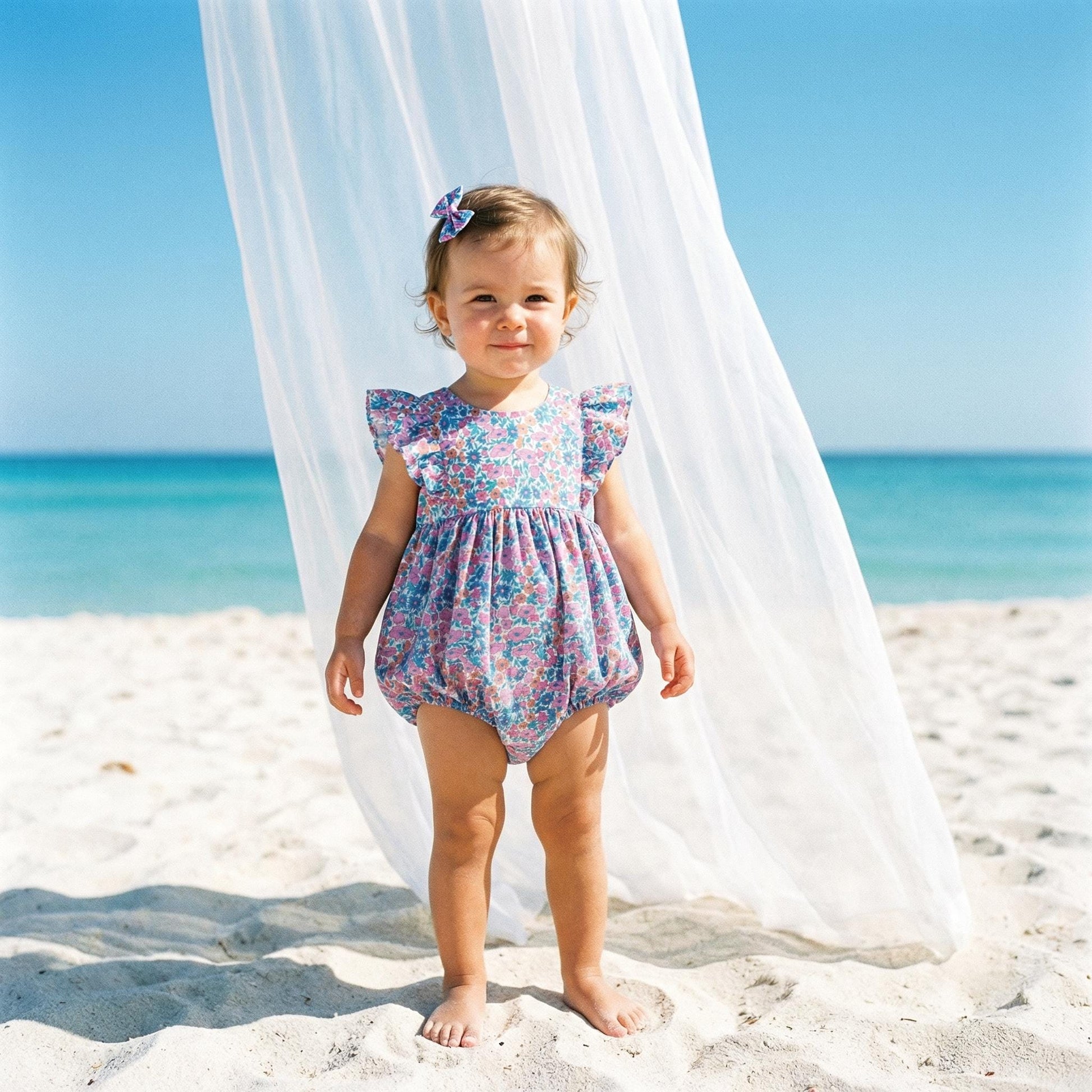 Liberty London Ruffle Sleeveless Bubble Romper, Personalised Children Clothing, Sustainable Ethical-wear, Cotton Lightweight Sunsuit